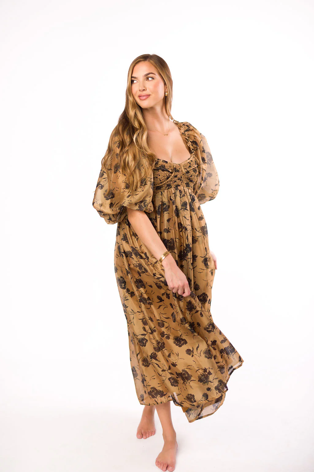 Harlow Camel & Black Floral Maxi Dress with Stretchy Neckline - Bump Friendly (Read Description) - Directfux