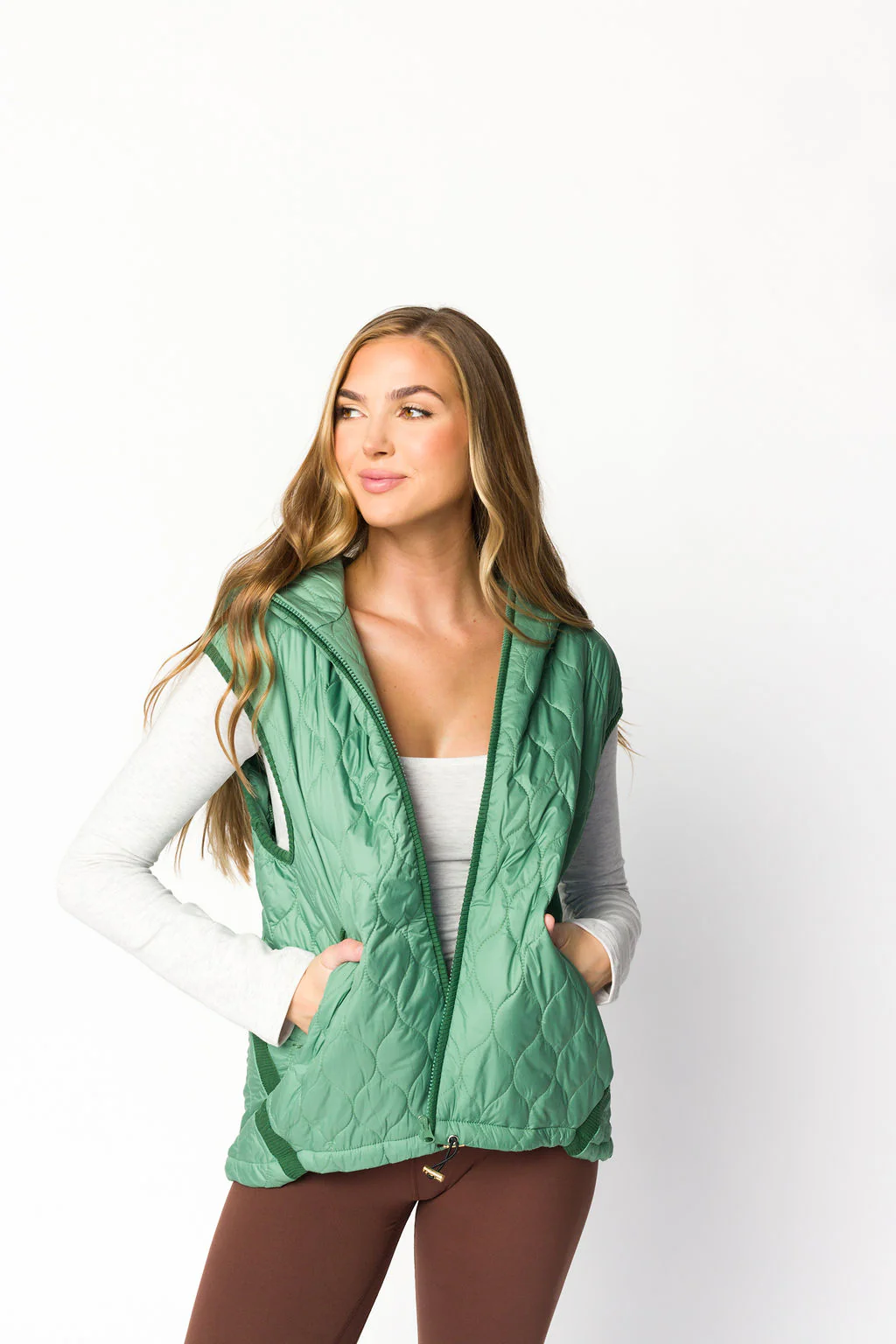 Selma Hooded Quilted Zipper Puffer Vest in Olive - Directfux