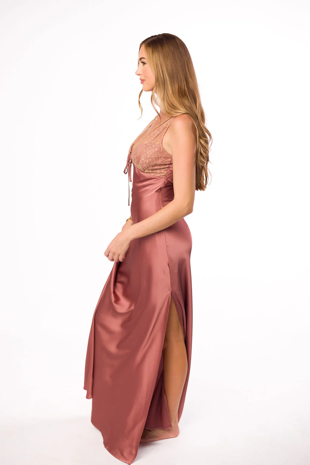 Christina Lace & Satin Contrast Maxi Dress in Blushed Cashmere - Directfux