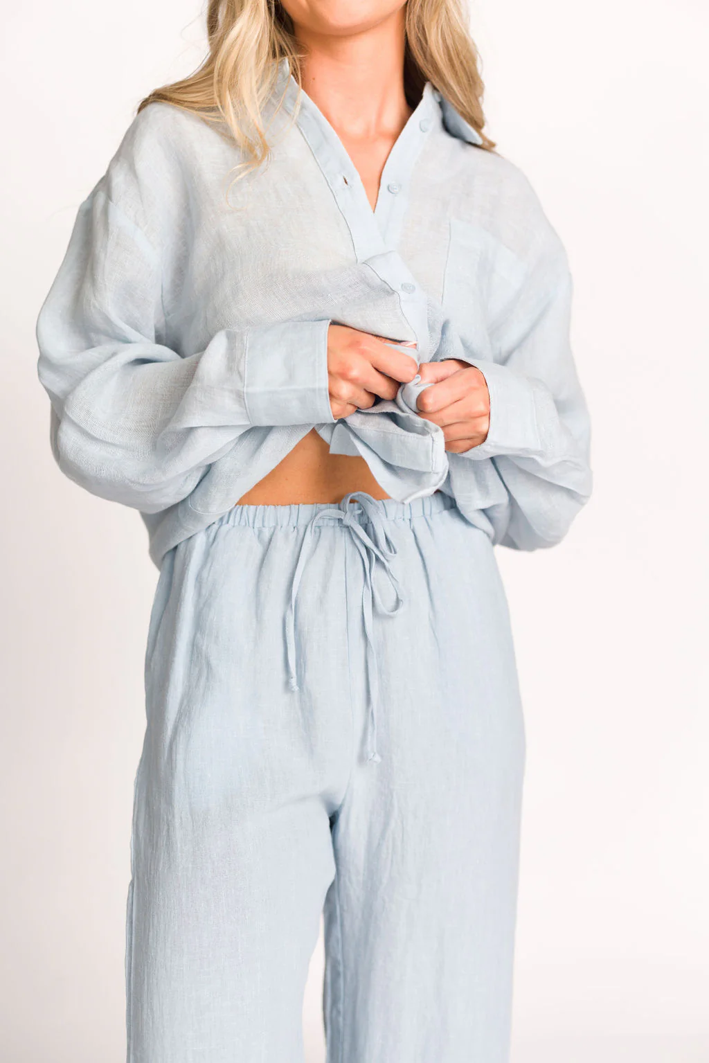 Madeline 100% Linen Button Down in Light Blue - Directfux