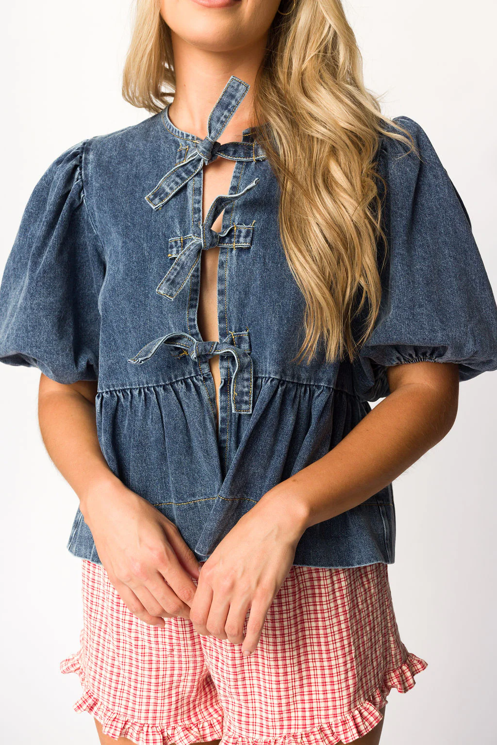 Norah Tied Top in Medium Wash Denim - Directfux
