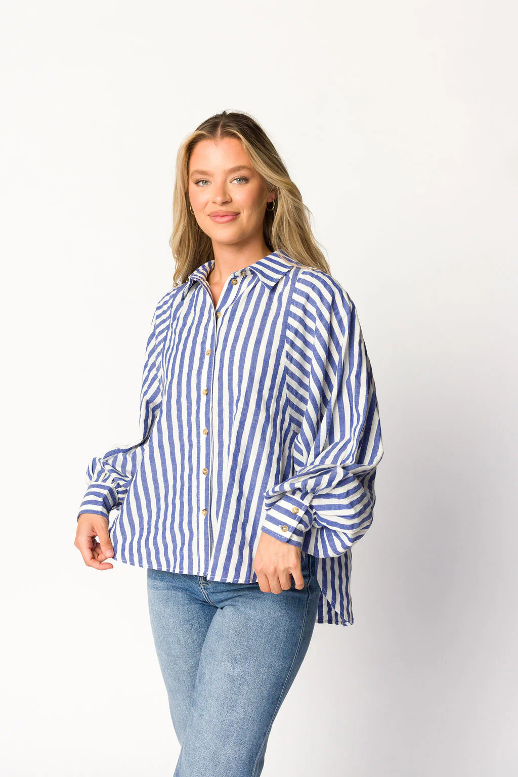 Joaquin Linen Blend Shirt in Blue/White Stripe - Nursing Friendly - Directfux
