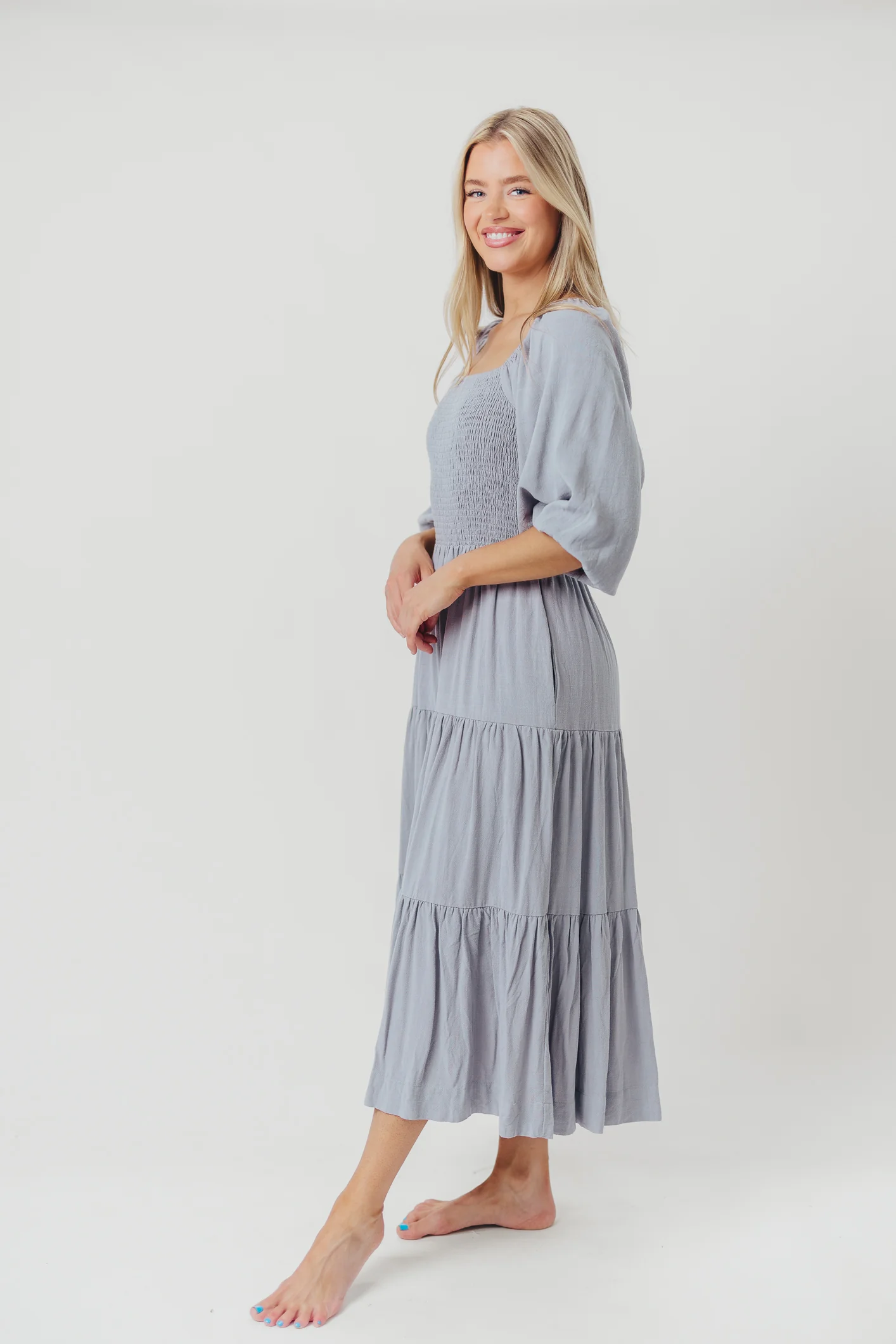 Taylor Linen-Blend Smocked Midi Dress with Tiered Skirt in Blue Fog - Inclusive Sizing - Directfux