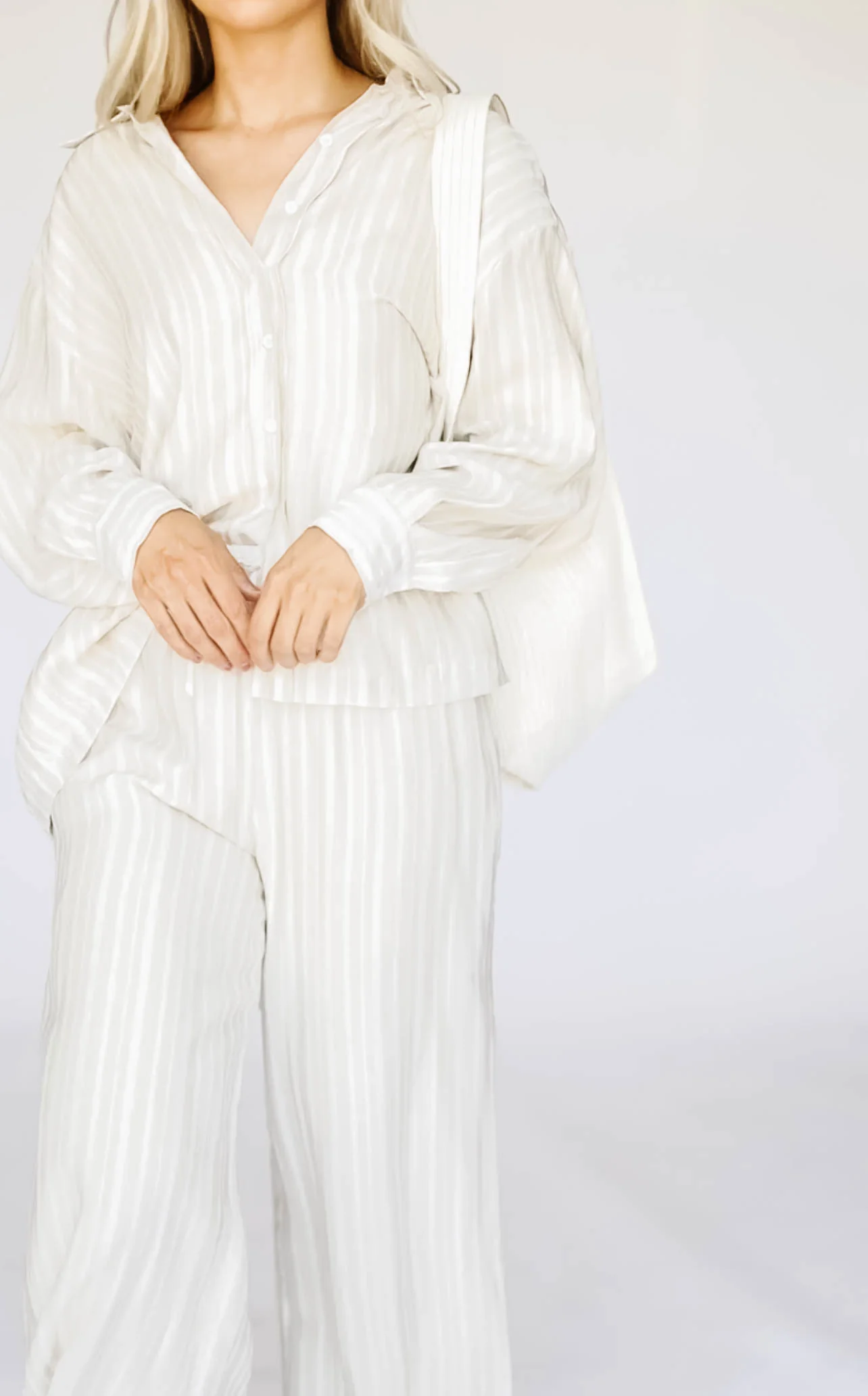 Sloane Striped Button-Down Shirt and Pants Set in Natural - Nursing Friendly - Directfux