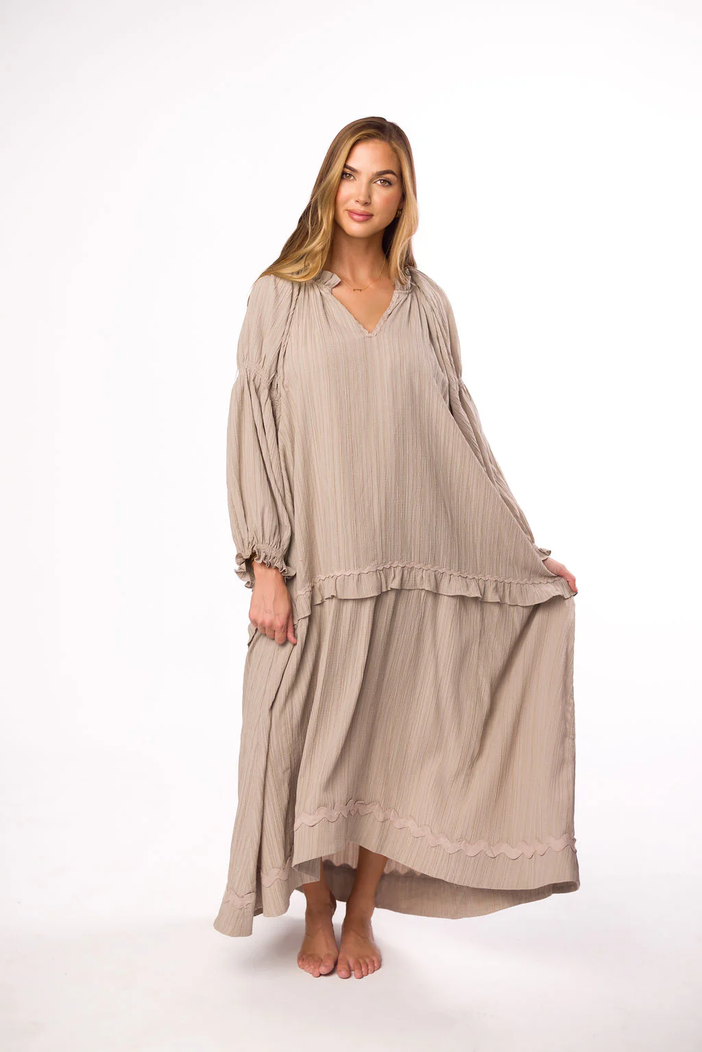 Millie Textured Tiered Maxi Dress in Light Mocha - Directfux