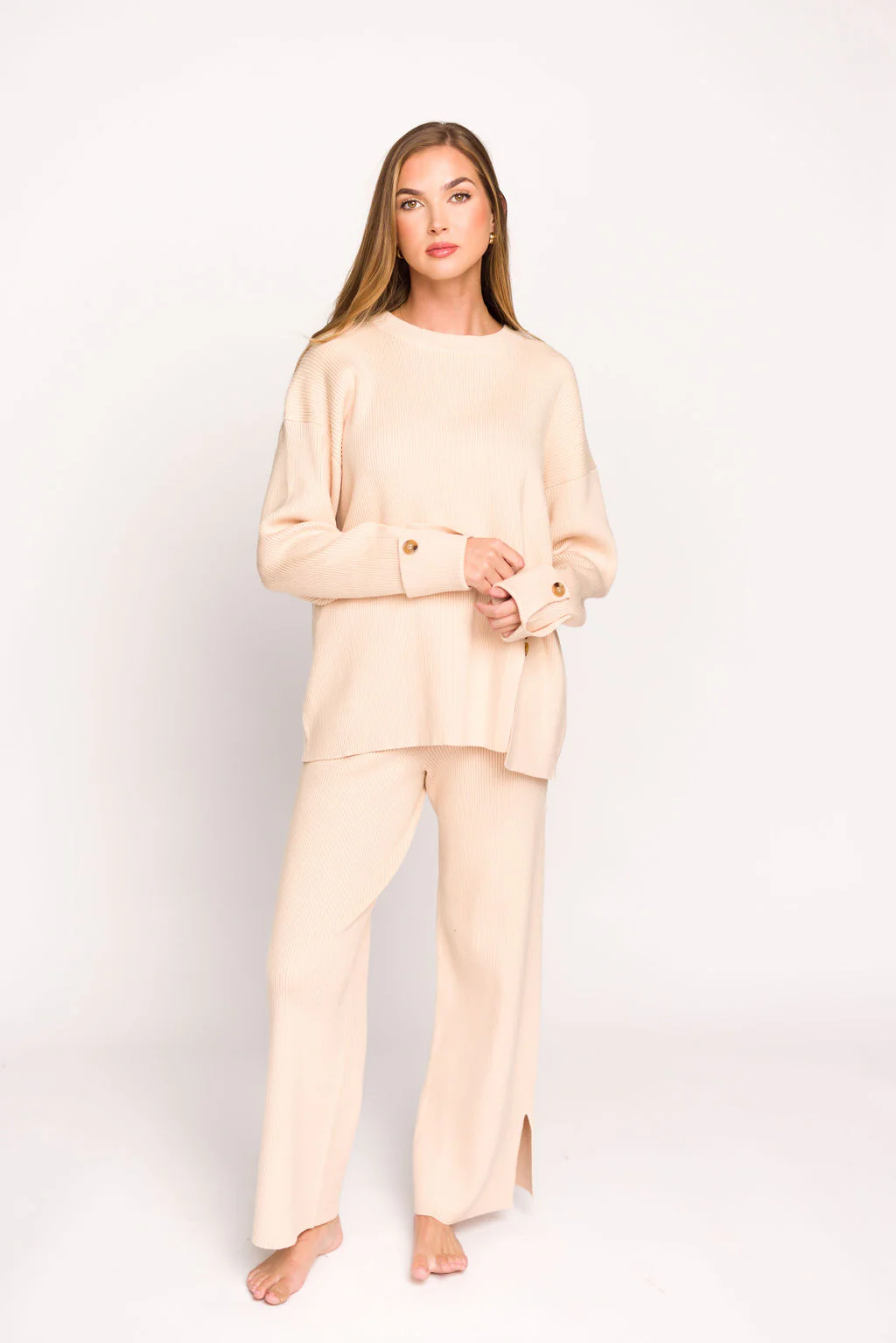 Theresa Side Button Detailed Knit Sweater and Pants Set in Champagne - Directfux