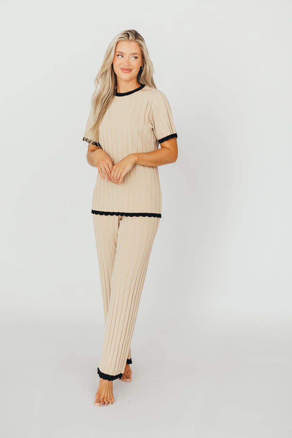 Adele Ribbed Knit Top and Pants Set in Light Taupe - Directfux