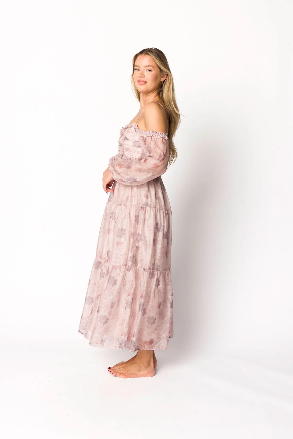 Atlas Rouched Midi Dress in Purple/Blush Floral - Directfux