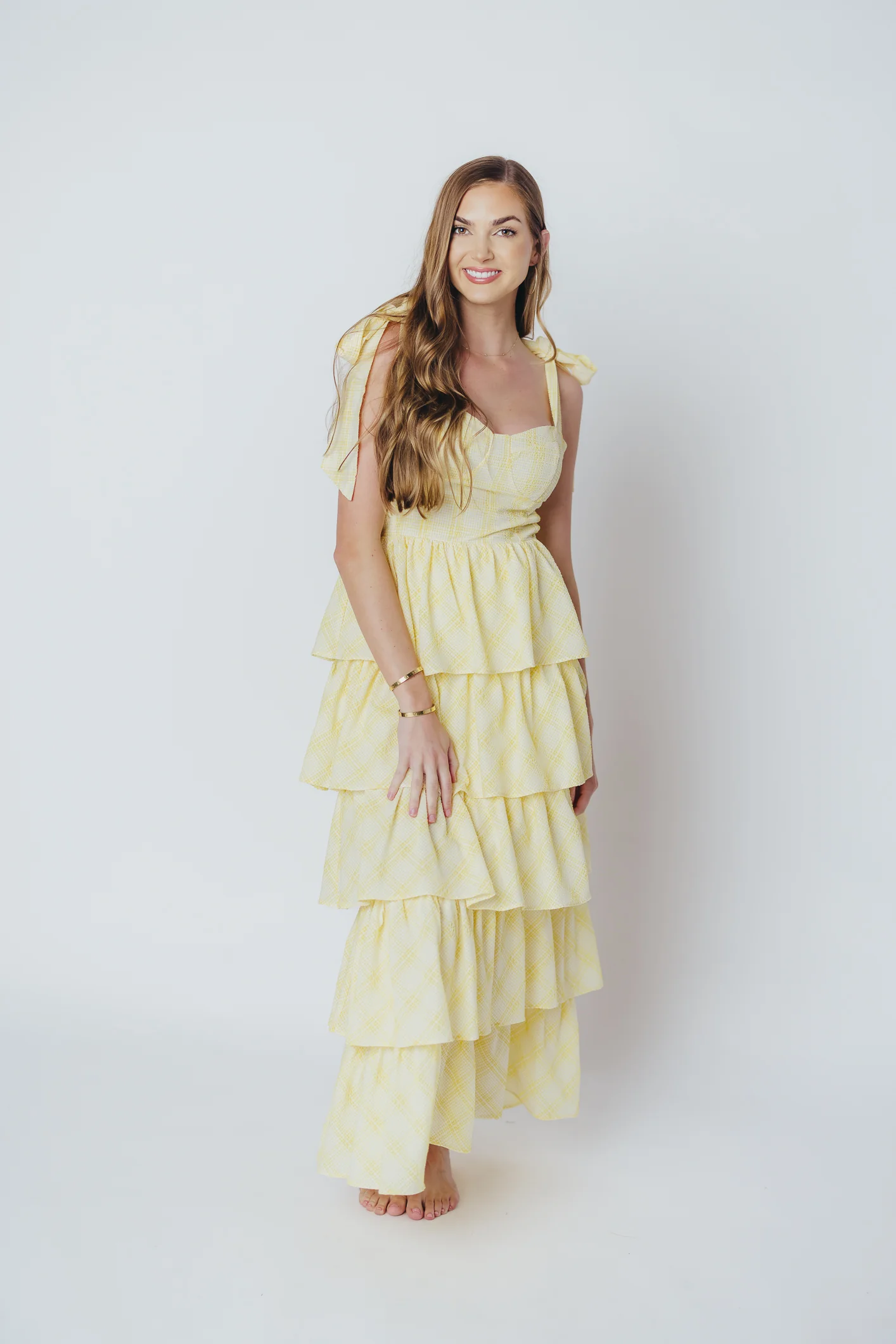 Jacquelyn Seersucker Midi Dress in Yellow Plaid - Directfux