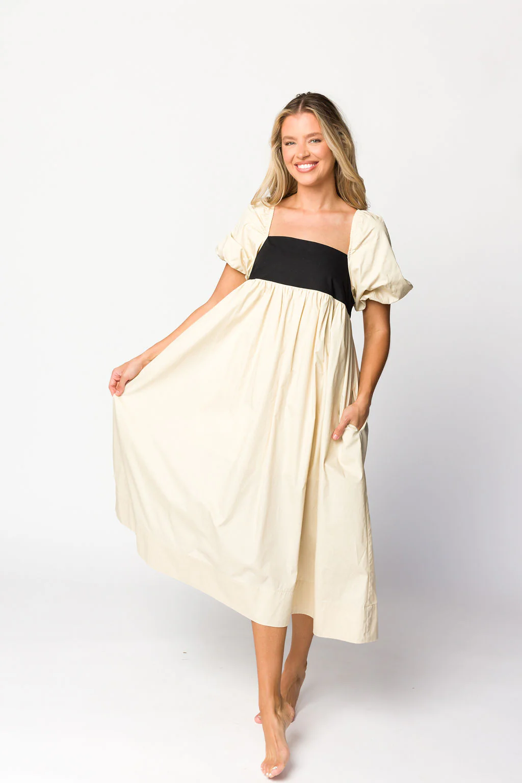 Amia Cotton Midi Dress in Beige - Directfux