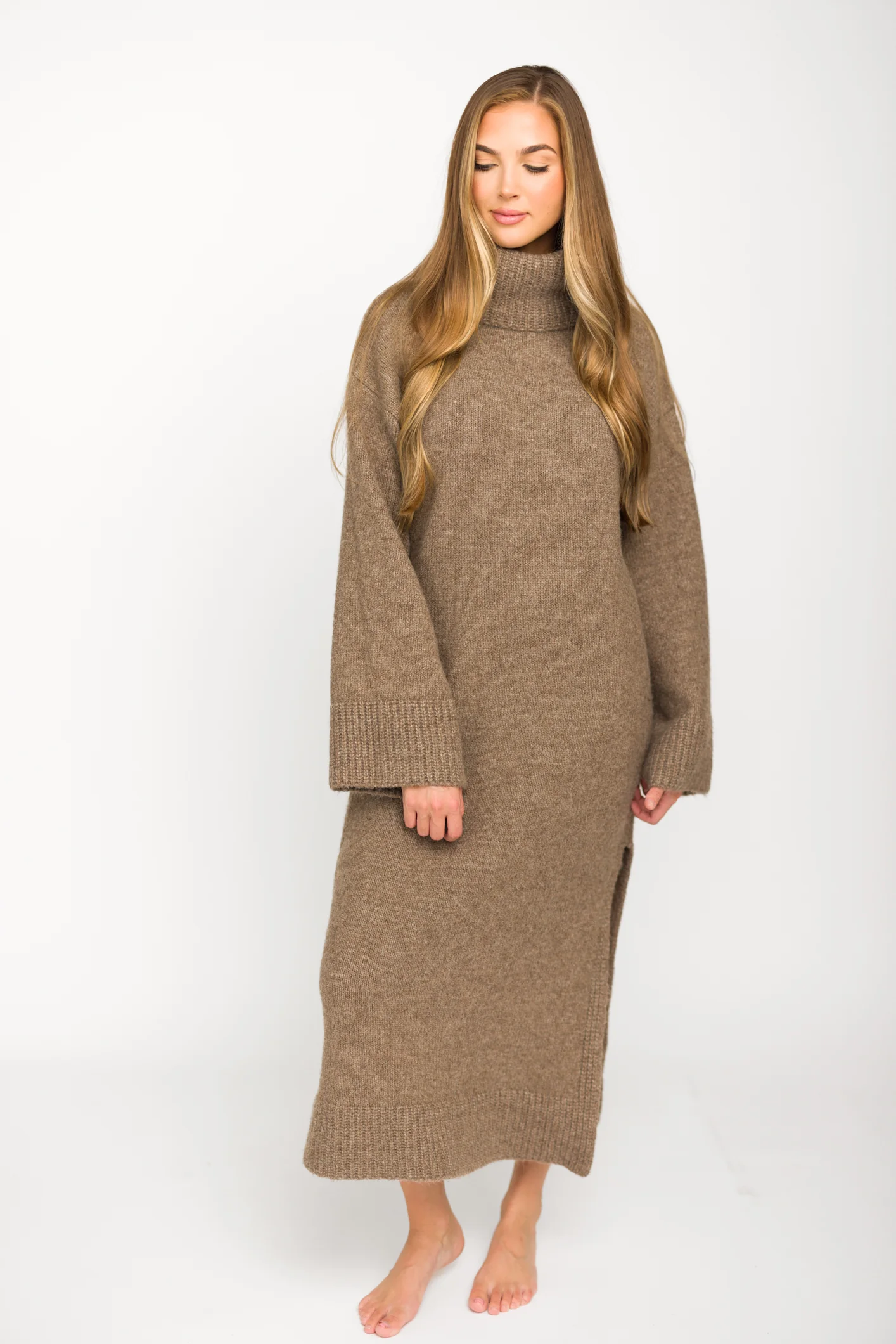 Melissa Cowl-Neck Sweater Midi Dress in Light Mocha - Directfux