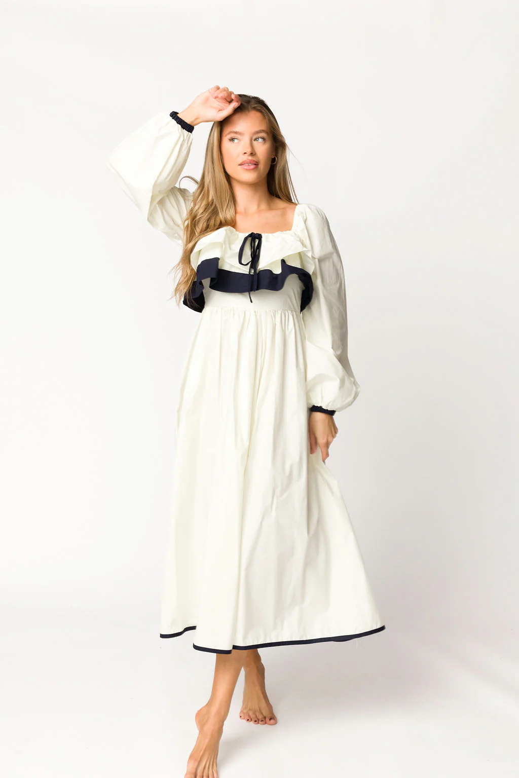 Megan Ruffle Long Sleeve Midi Dress in Cream/Navy - Directfux
