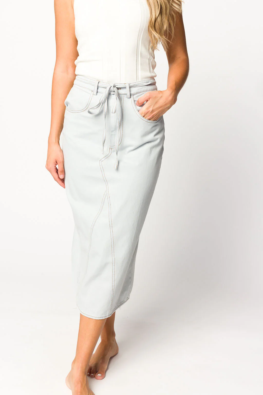 Ellie Light Washed Denim Midi Skirt in Light Denim - Directfux