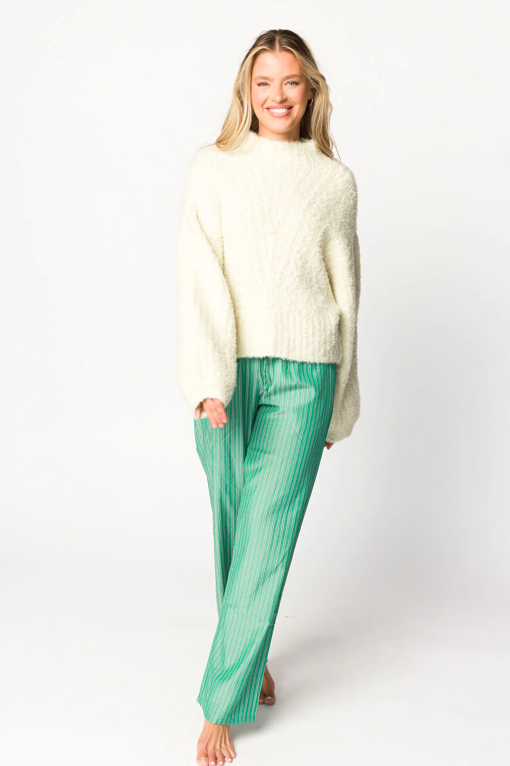 Hallie Cable Knit Bubble Sleeve Sweater in Ivory - Directfux
