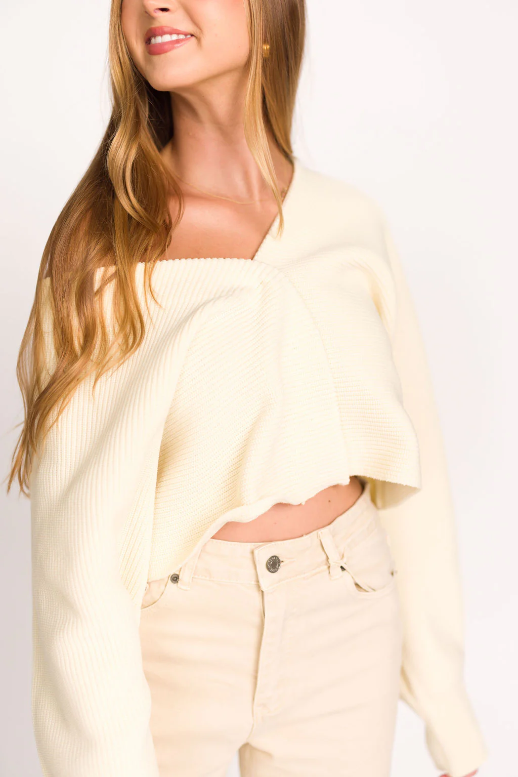 Mira V-Neck Ribbed Knit Cardigan in Ivory - Directfux