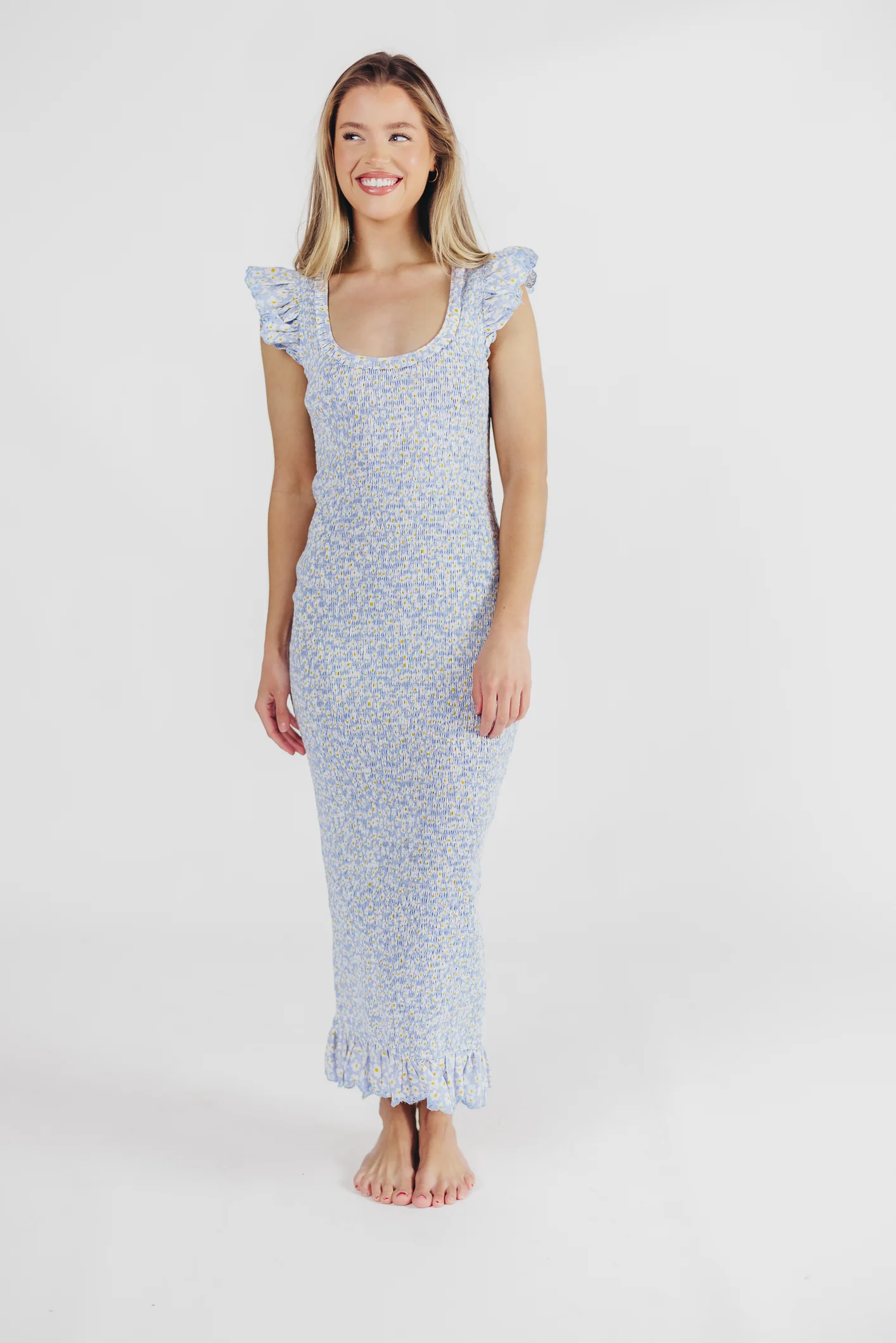 Sarah Smocked Midi Dress with Ruffled Eyelet Trim in Light Blue - Directfux