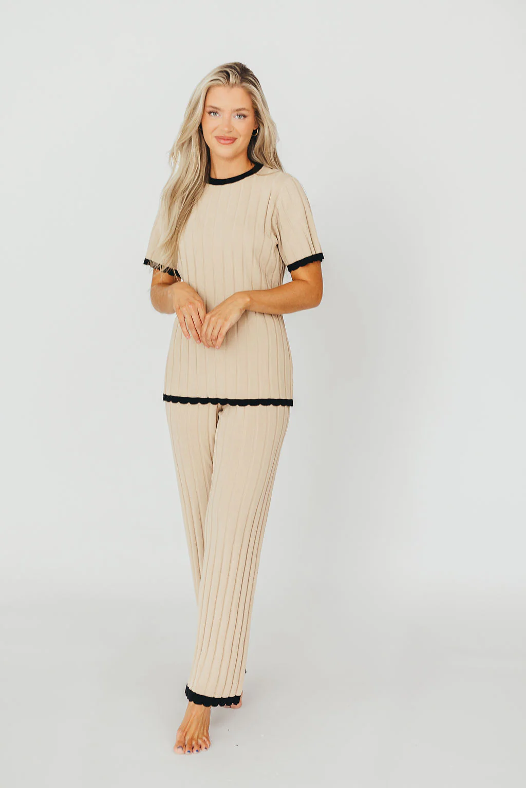 Adele Ribbed Knit Top and Pants Set in Light Taupe - Directfux