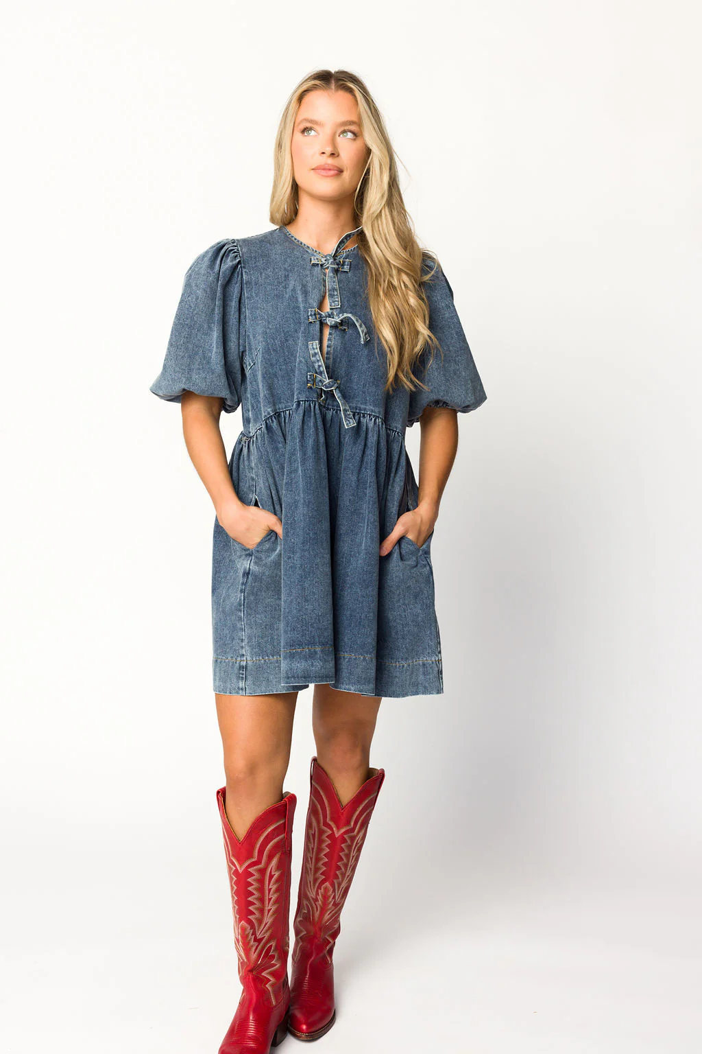 Arlo Denim Mini Babydoll Dress in Medium Wash - Directfux
