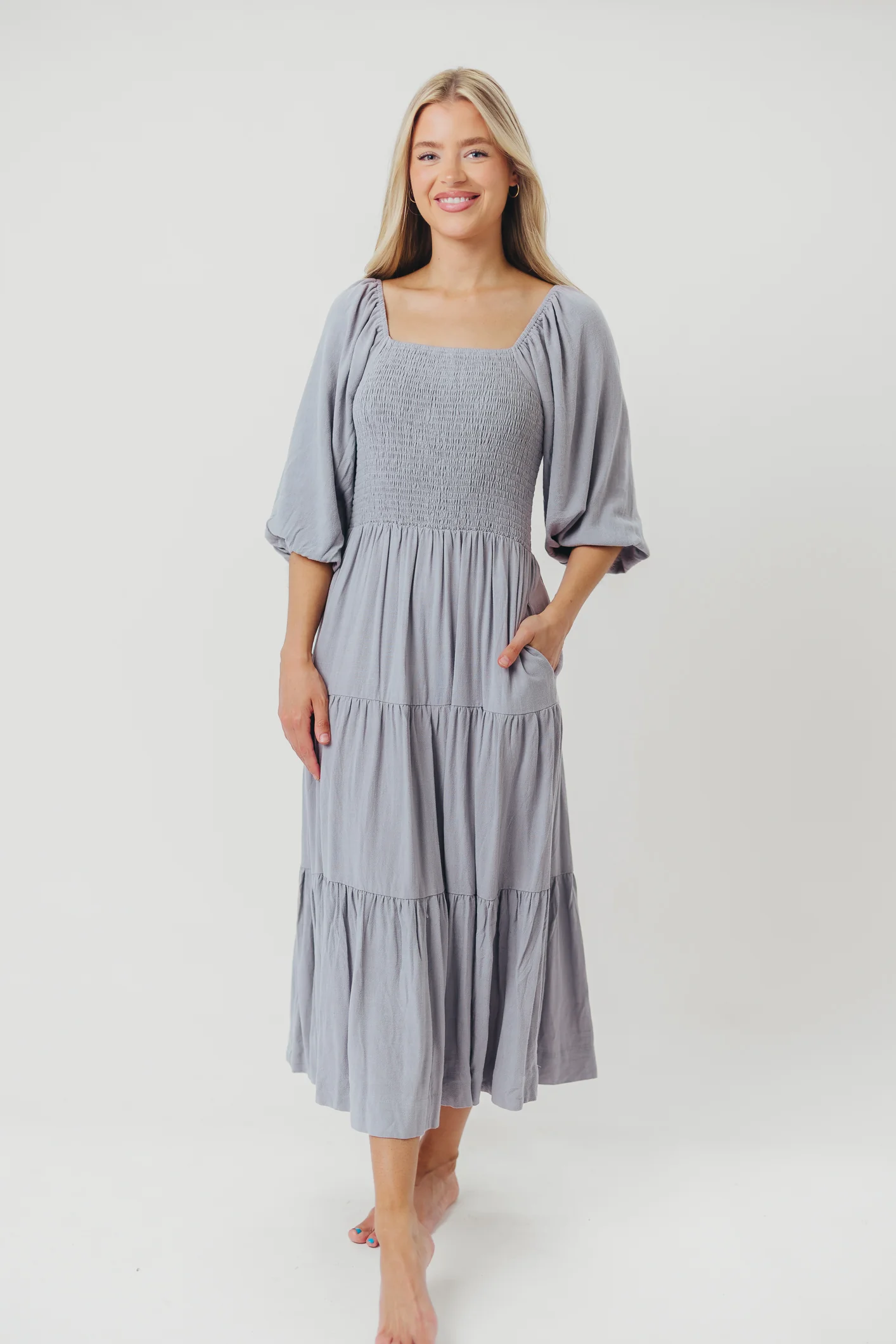 Taylor Linen-Blend Smocked Midi Dress with Tiered Skirt in Blue Fog - Inclusive Sizing - Directfux