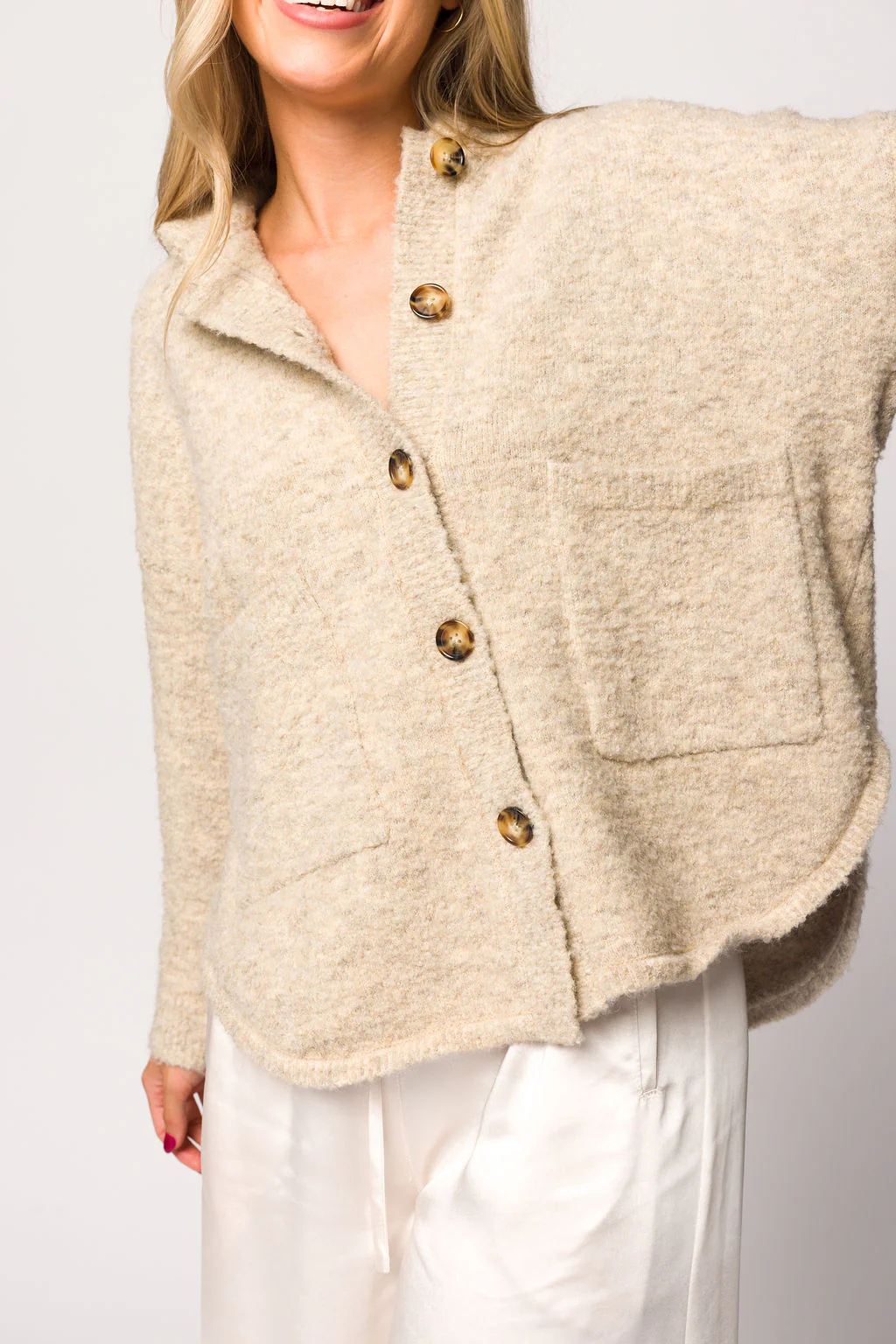 Lillian Boucle Knit Cardigan In Oat - Directfux