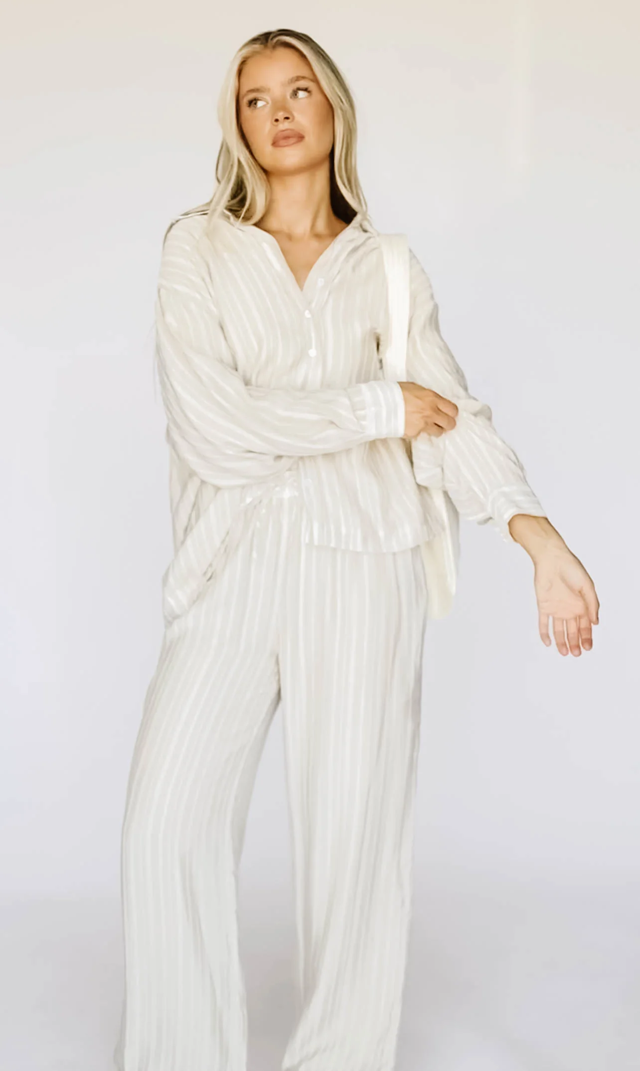 Sloane Striped Button-Down Shirt and Pants Set in Natural - Nursing Friendly - Directfux