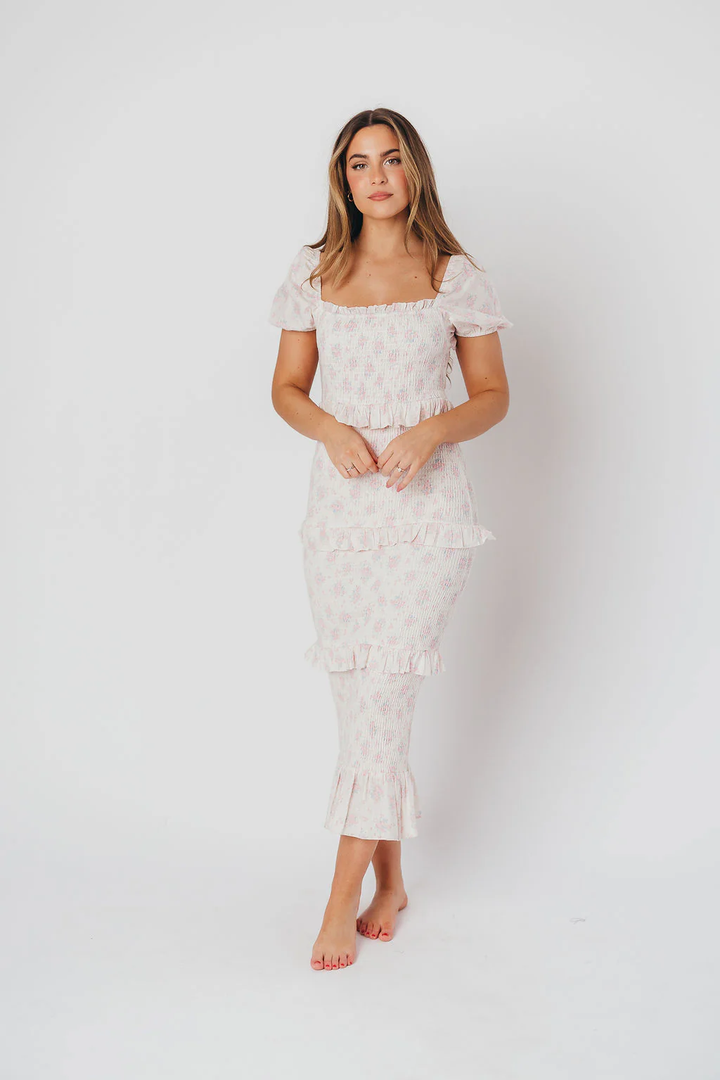 Ada Smocked Dress in Pink Floral - Bump Friendly & Inclusive Sizing (S-3XL) - Directfux