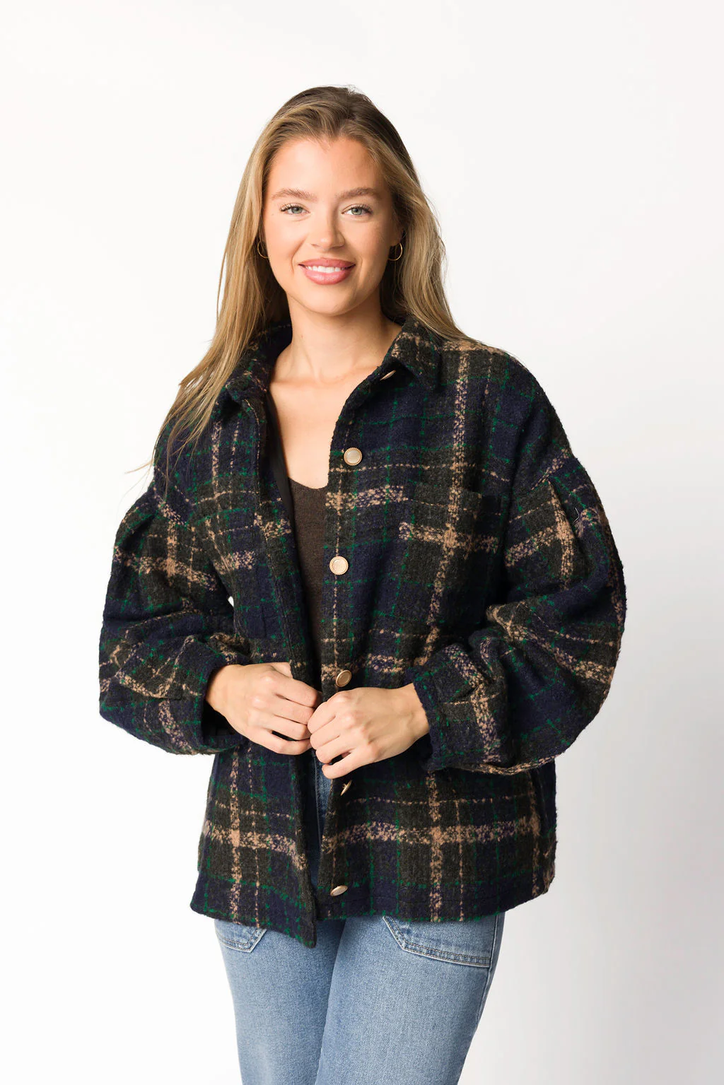Lucille Boucle Plaid Puff Sleeve Jacket in Navy/Taupe - Directfux