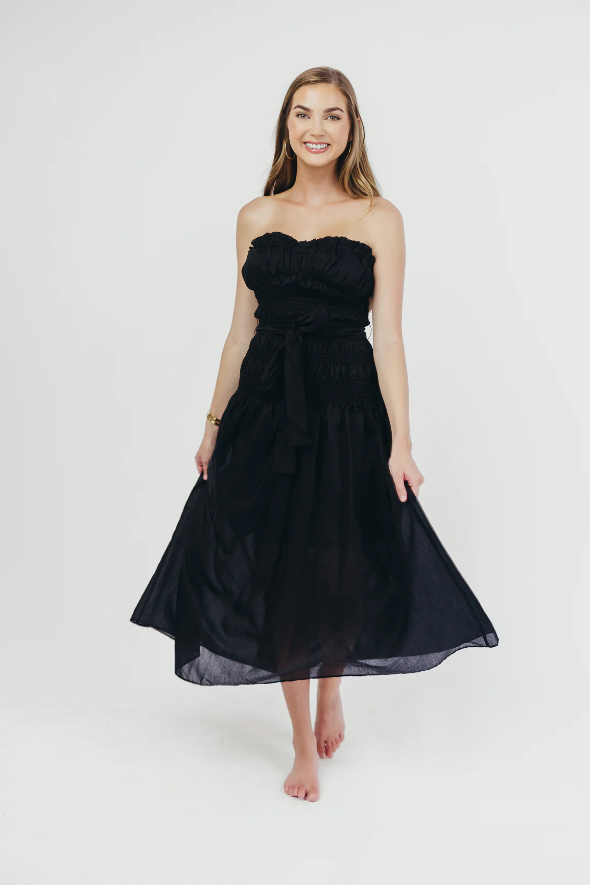 Devin Strapless Midi Dress with Sash in Black - Directfux