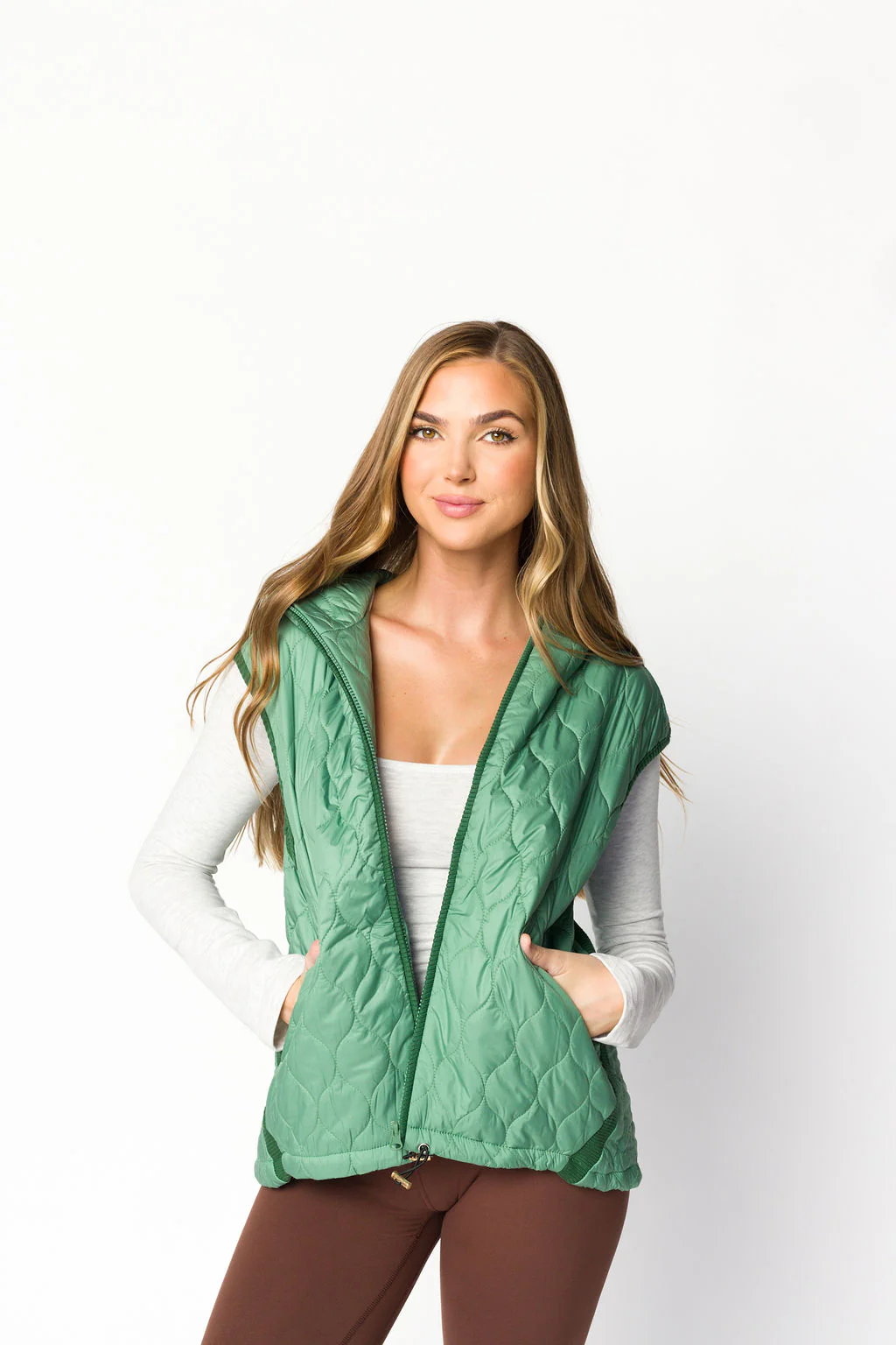 Selma Hooded Quilted Zipper Puffer Vest in Olive - Directfux