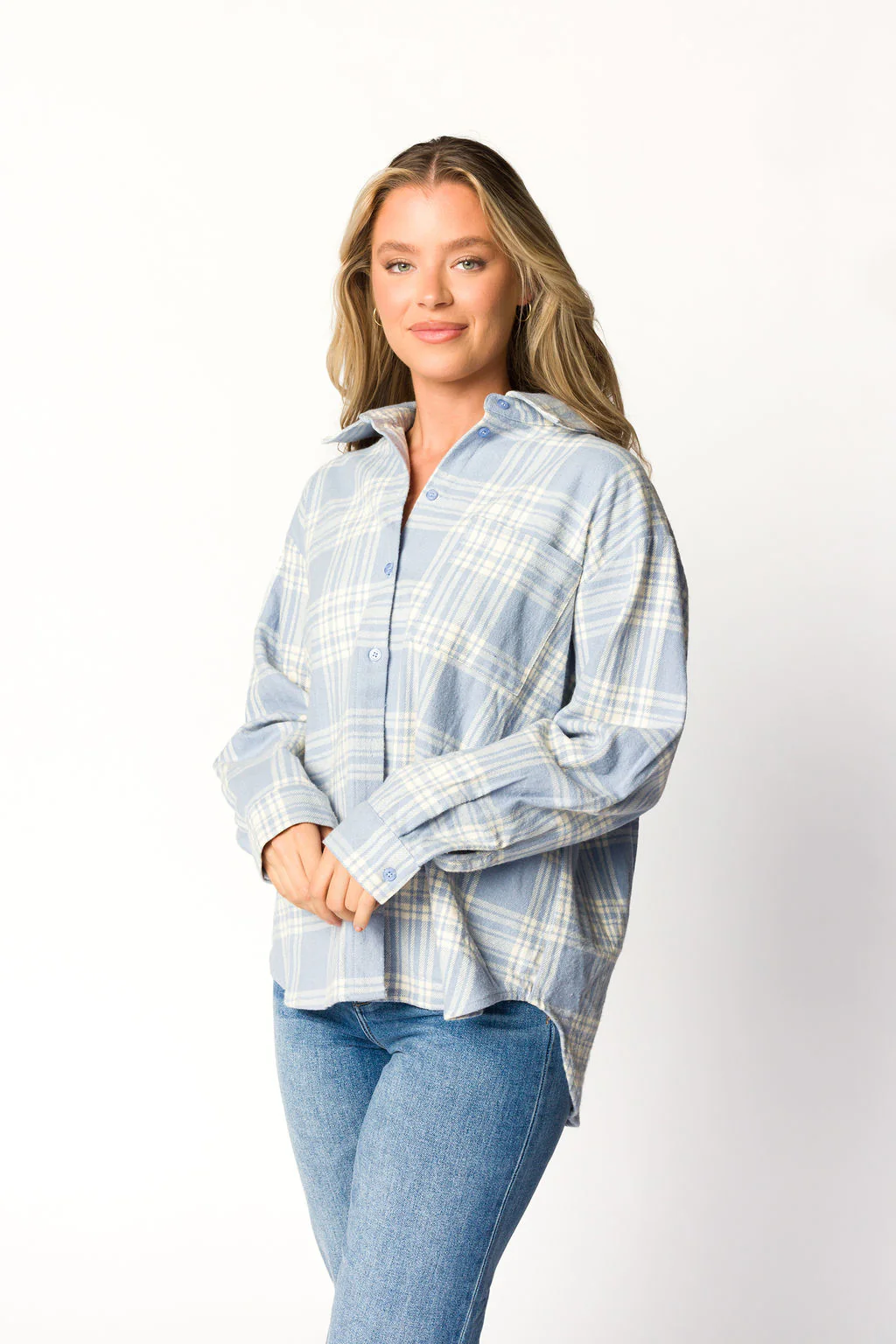 Gia Button-Down Shirt in Light Blue Plaid - Nursing Friendly - Directfux