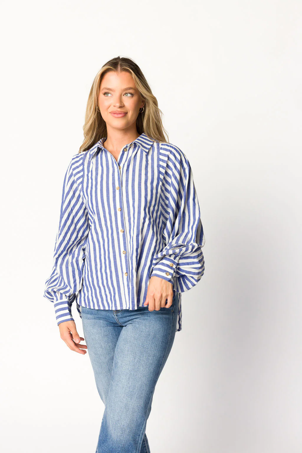 Joaquin Linen Blend Shirt in Blue/White Stripe - Nursing Friendly - Directfux