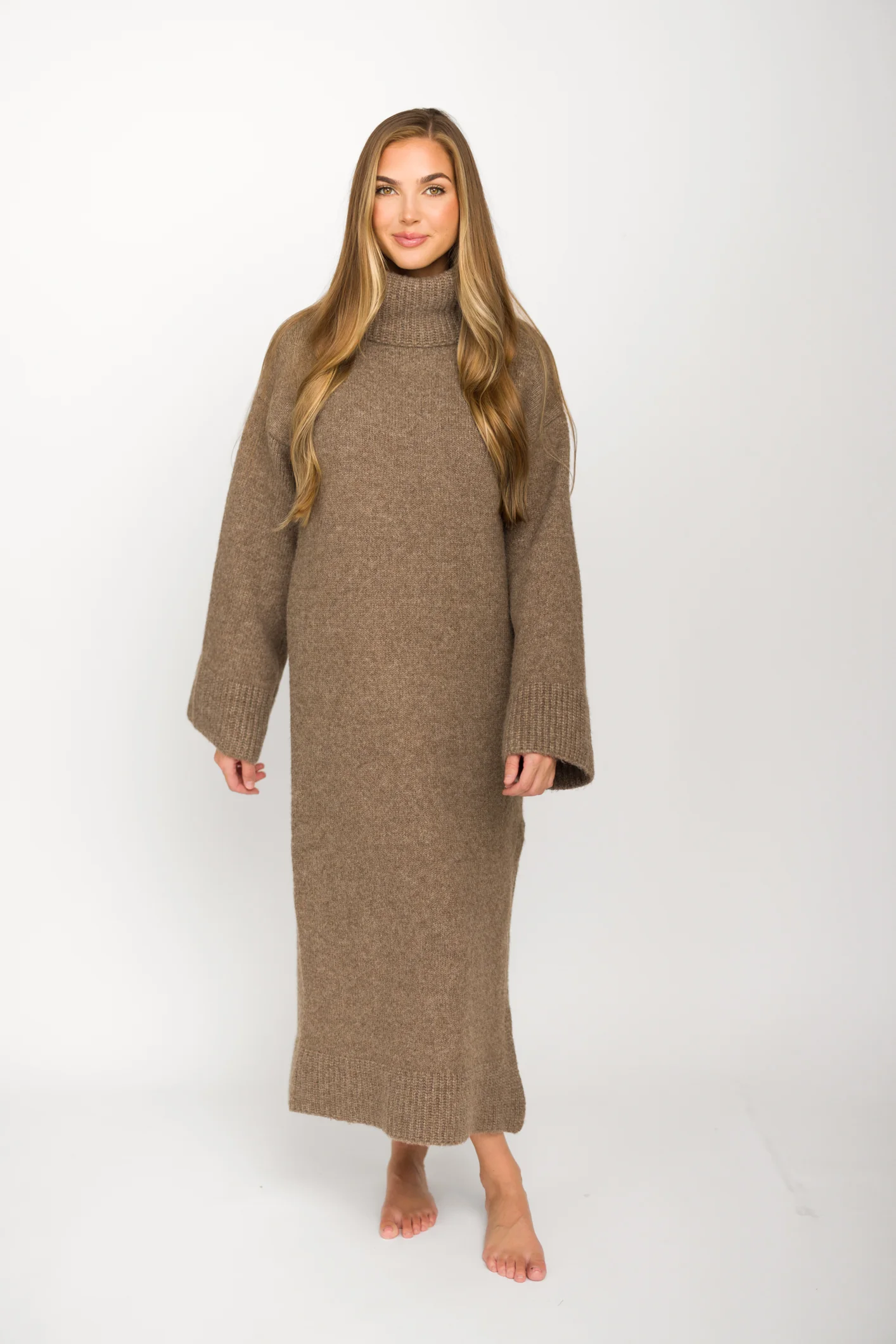 Melissa Cowl-Neck Sweater Midi Dress in Light Mocha - Directfux