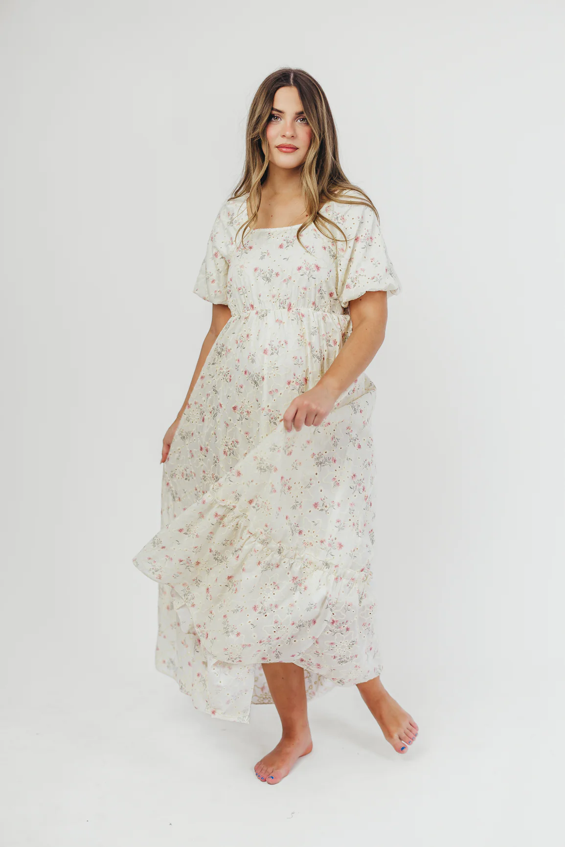Remi Eyelet Floral Maxi Dress in Ivory - Directfux