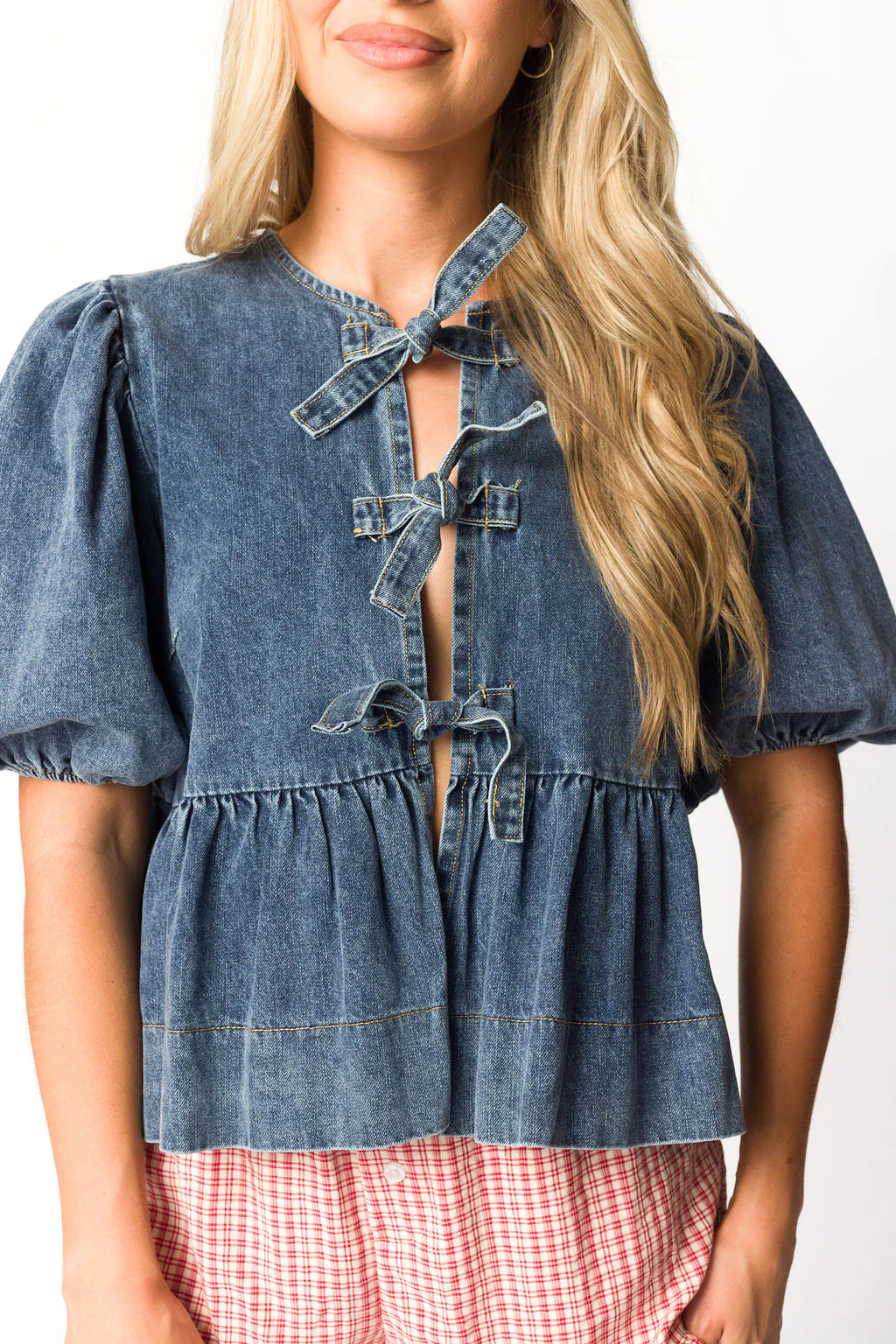 Norah Tied Top in Medium Wash Denim - Directfux