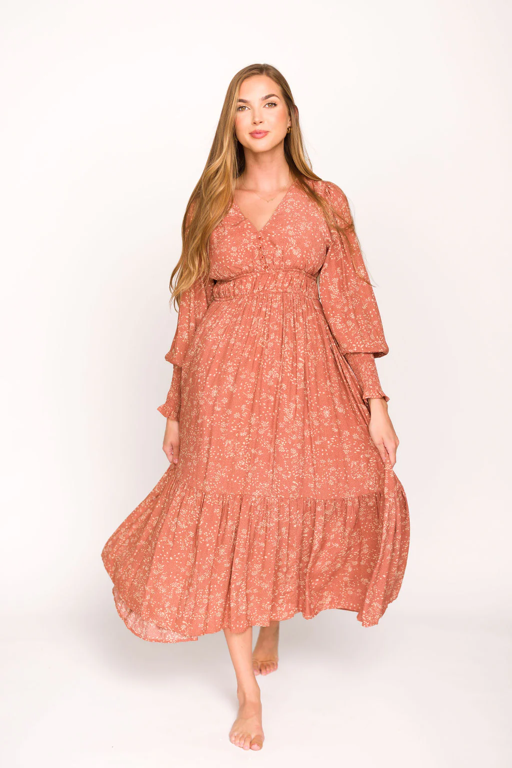 Florence Floral Button Down Long Sleeve Maxi Dress in Rosewood - Directfux