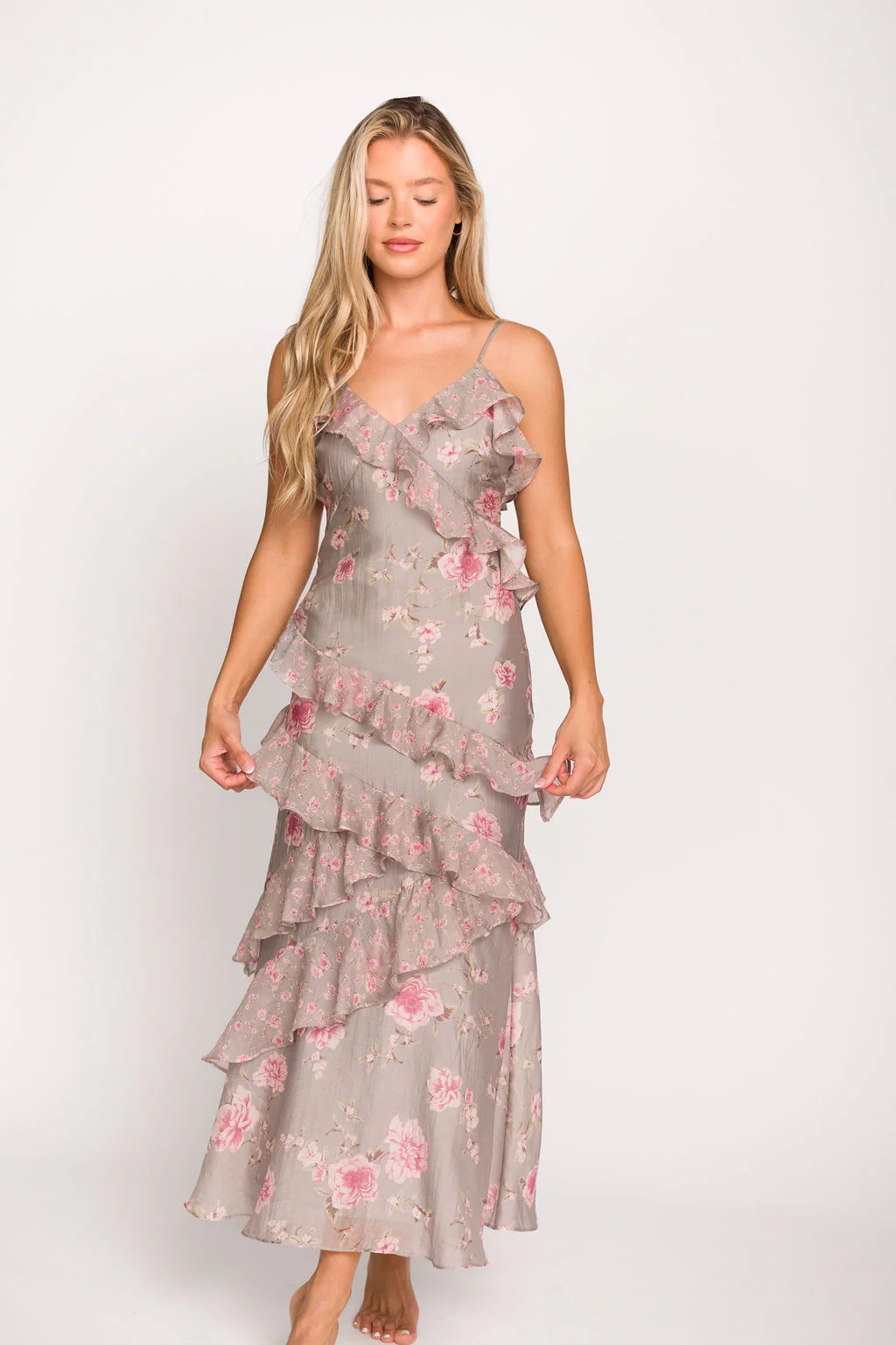 Amelia Ruffle Maxi Dress in Grey/Pink Floral - Directfux