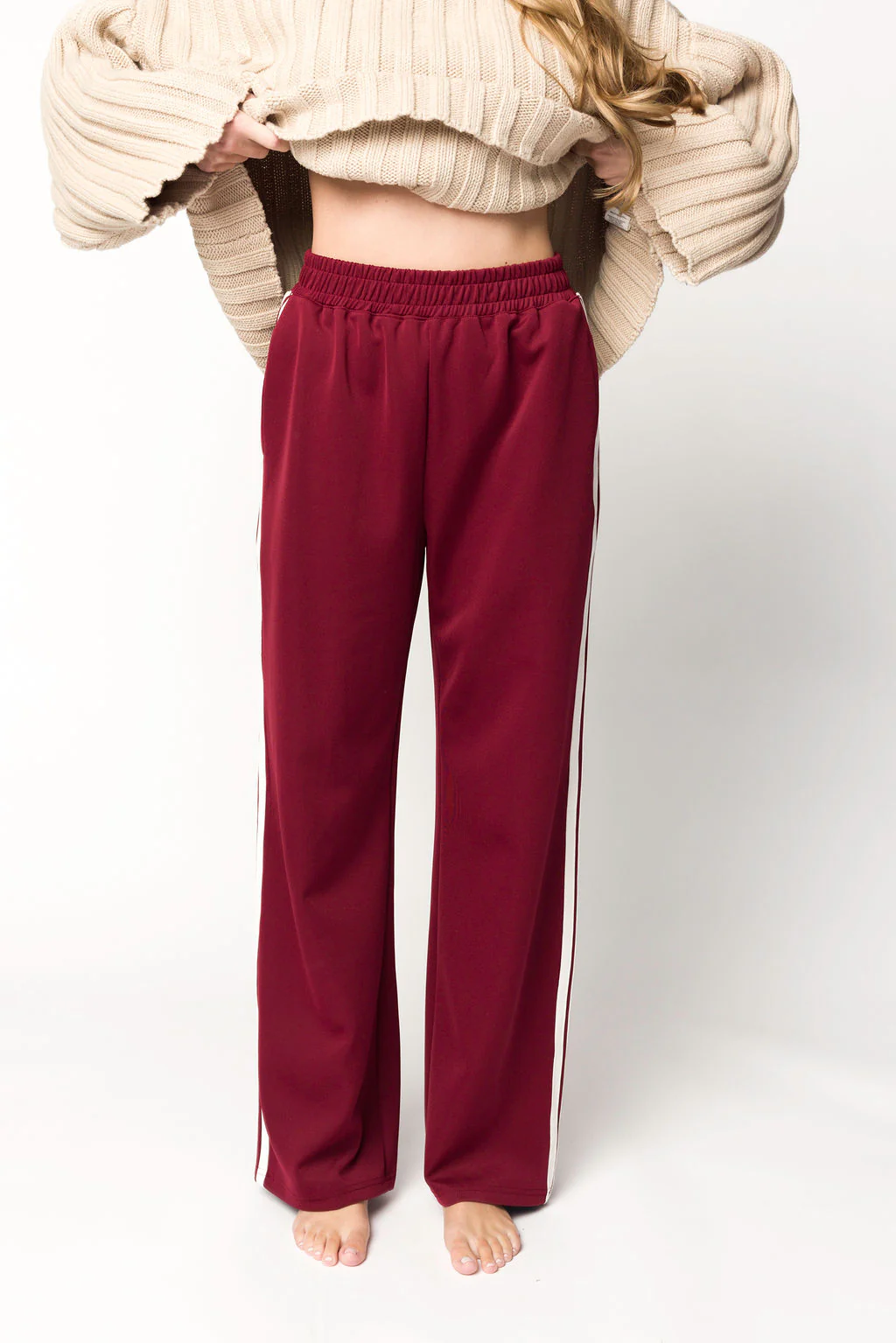 Sue Wide Leg Track Pants in Burgundy - Directfux