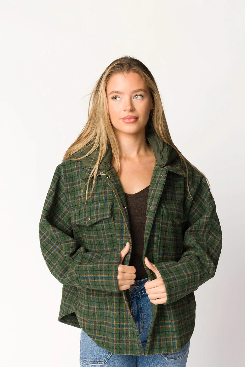 Jilly Plaid Jacket with Detachable Hood in Evergreen - Directfux