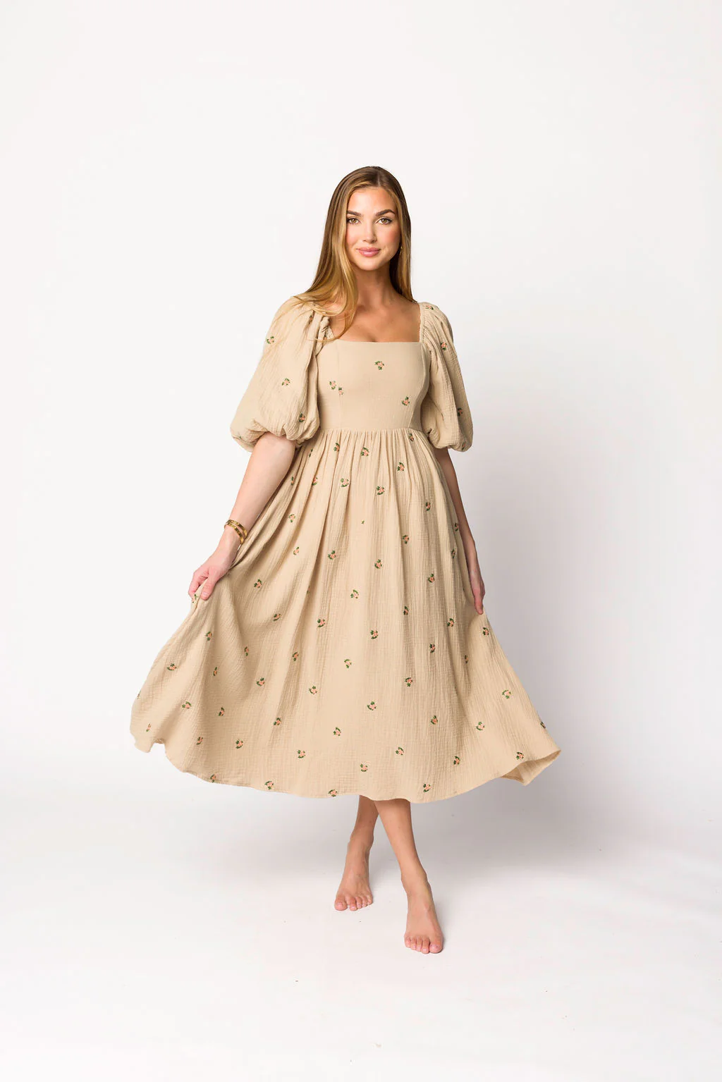 Natalie Embroidered Floral Midi Dress in Taupe - Directfux