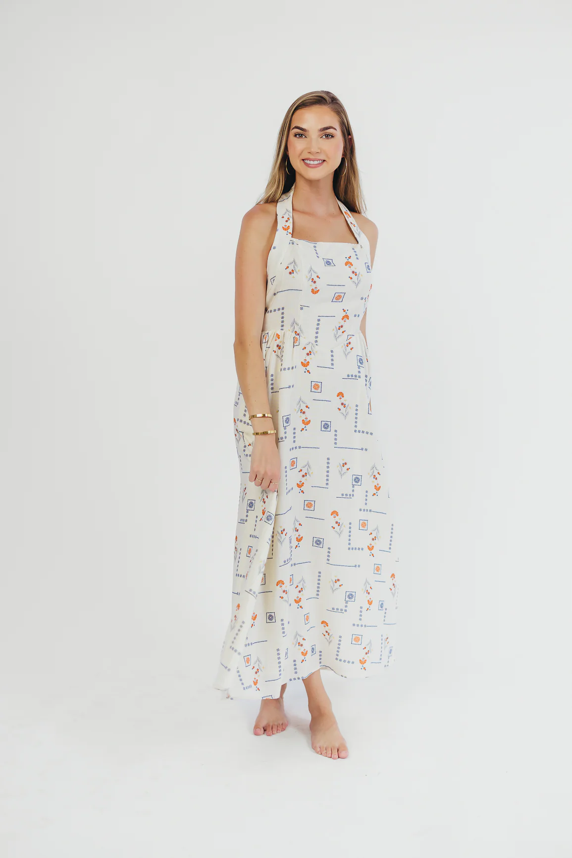 Athens Halter Midi Dress in White/Blue/Orange - Directfux