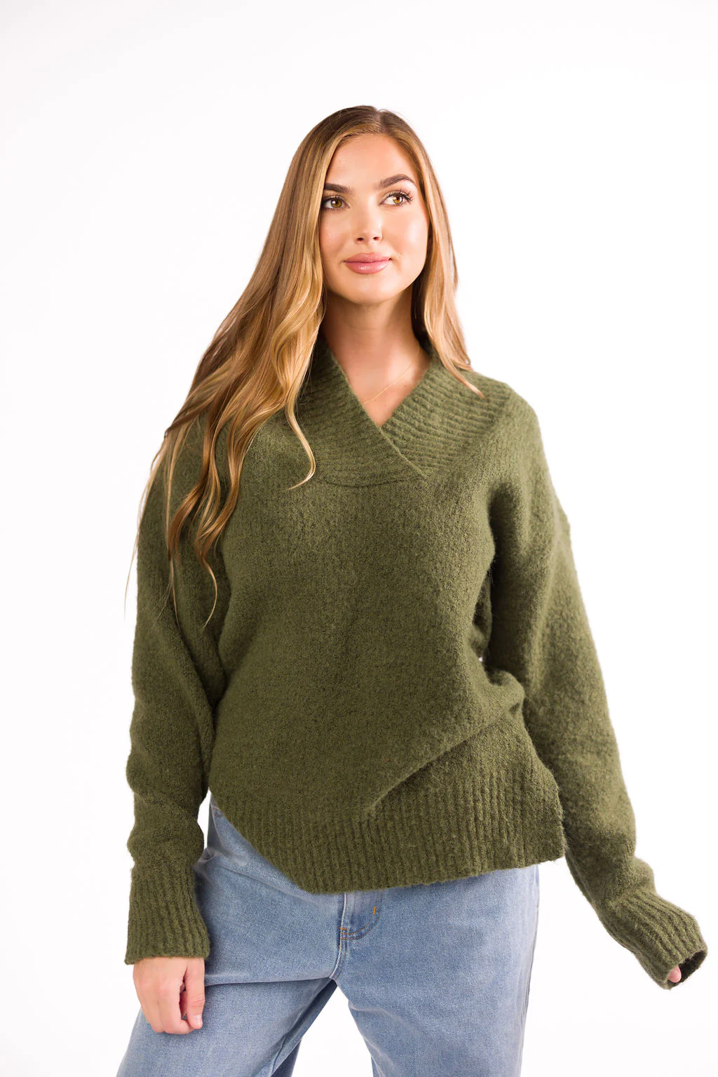 Jordan V-Neck Slouchy Soft Knit Sweater in Olive - Directfux