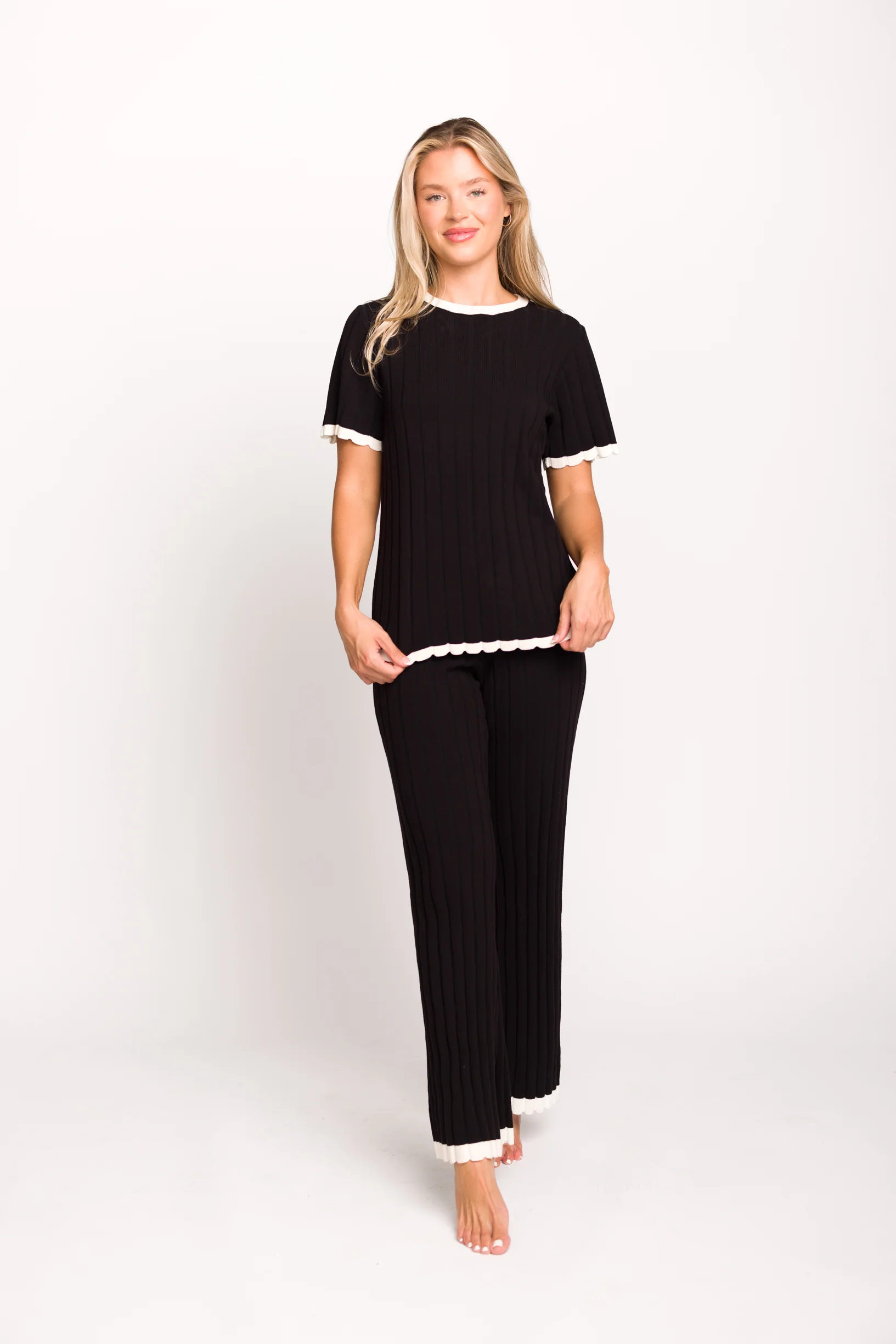 Adele Ribbed Knit Top and Pants Set in Black - Directfux
