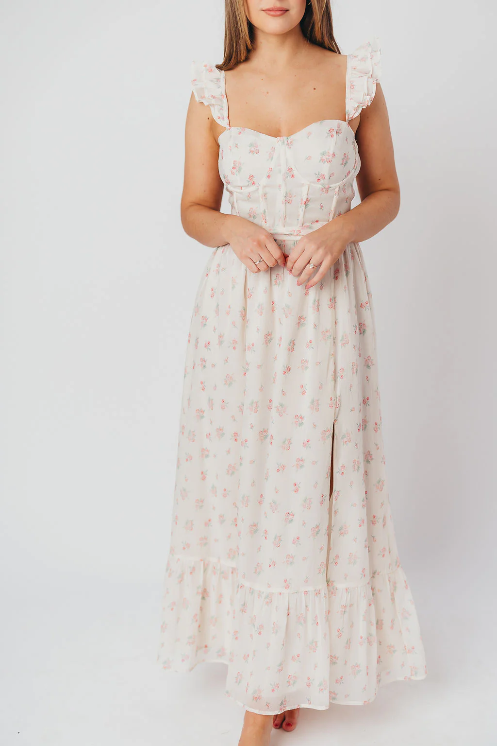 Rosamund Bustier-Style Maxi Dress in Blush Pink Floral - Inclusive Sizing (S-3XL) - Directfux