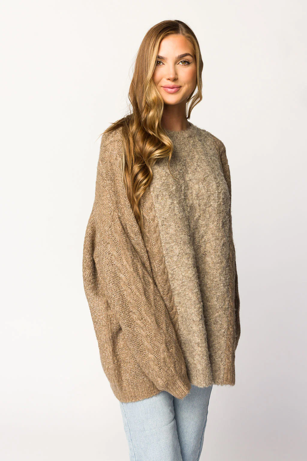 Tara Contrast Stripe Cable Knit Sweater in Twig - Directfux