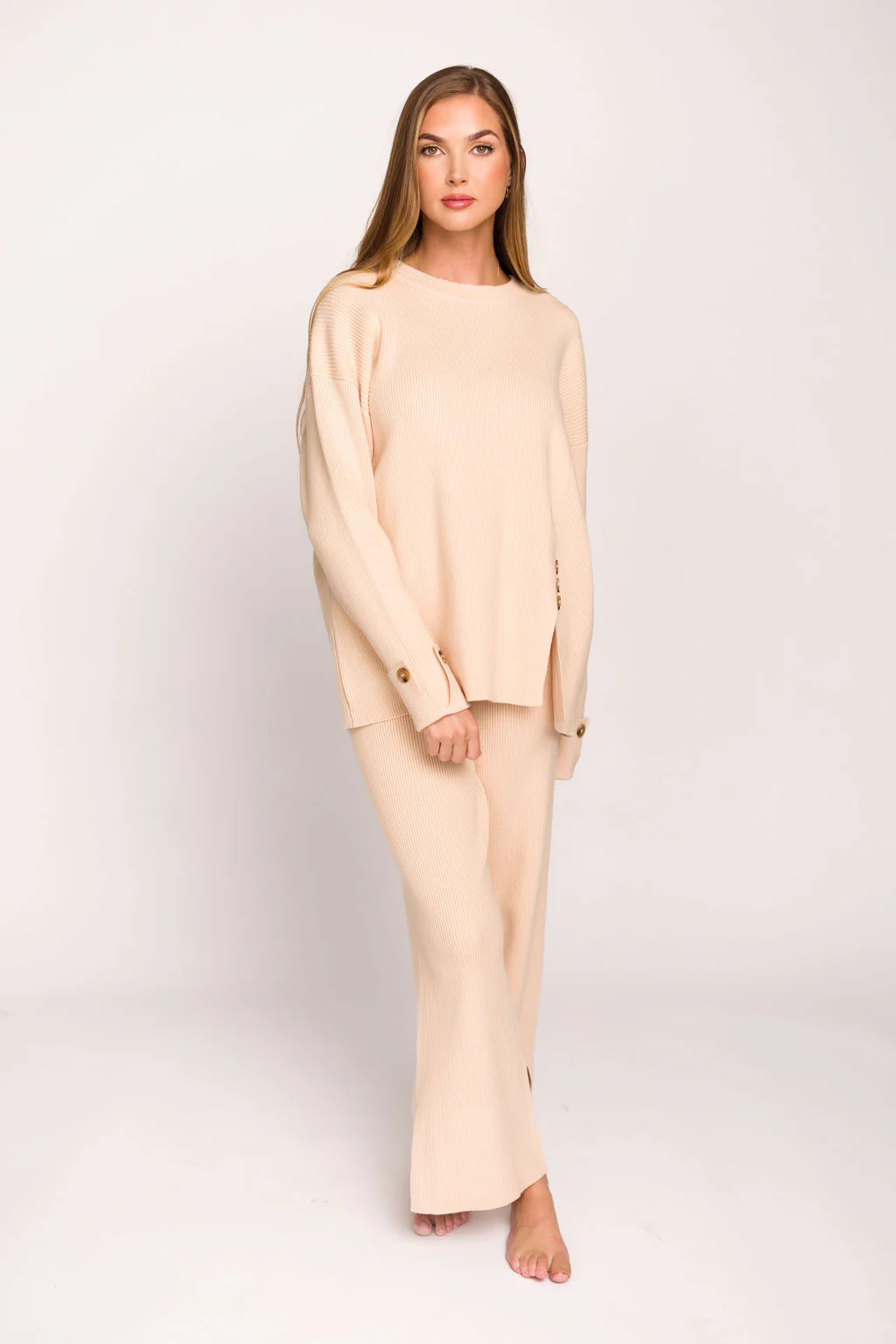 Theresa Side Button Detailed Knit Sweater and Pants Set in Champagne - Directfux