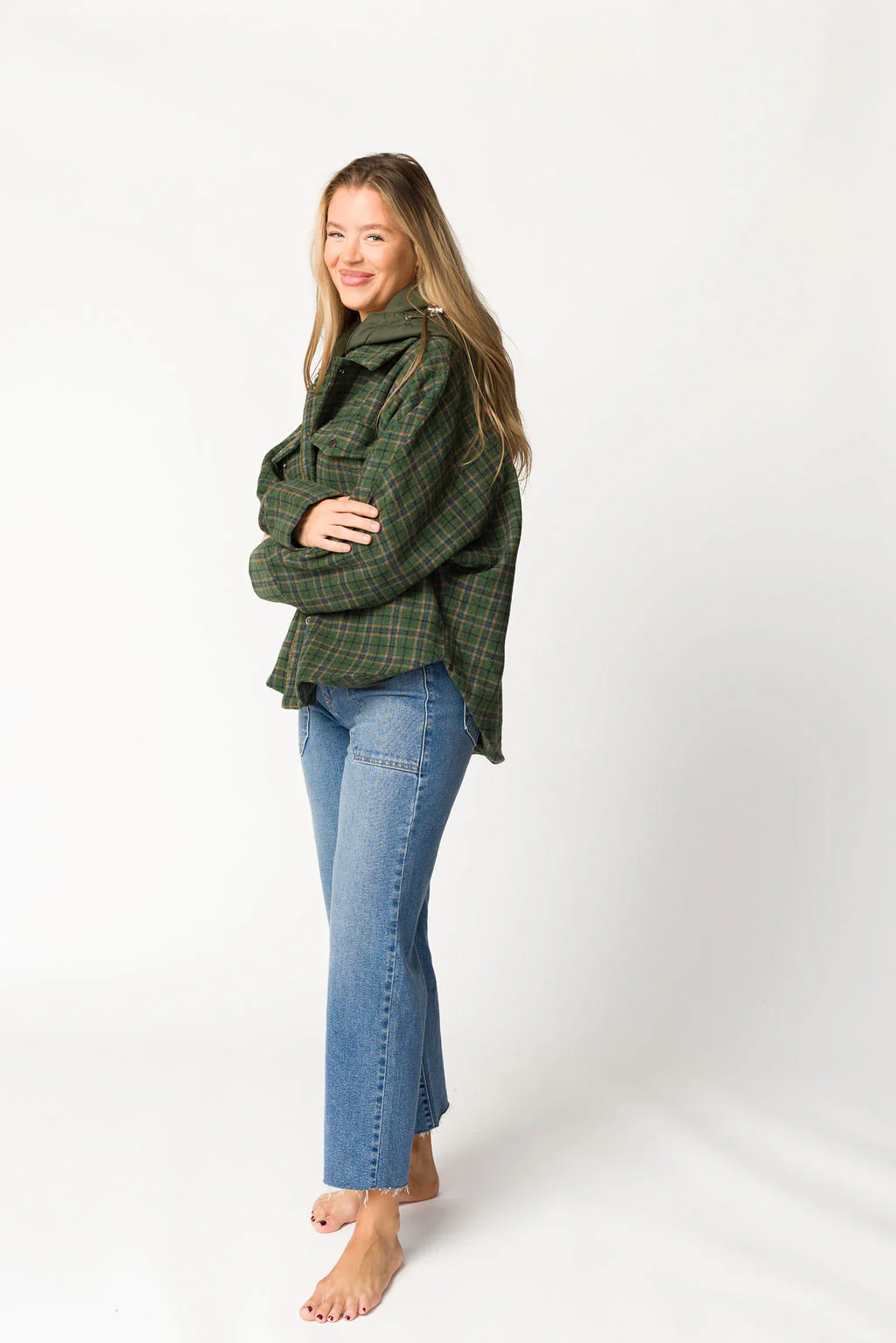 Jilly Plaid Jacket with Detachable Hood in Evergreen - Directfux