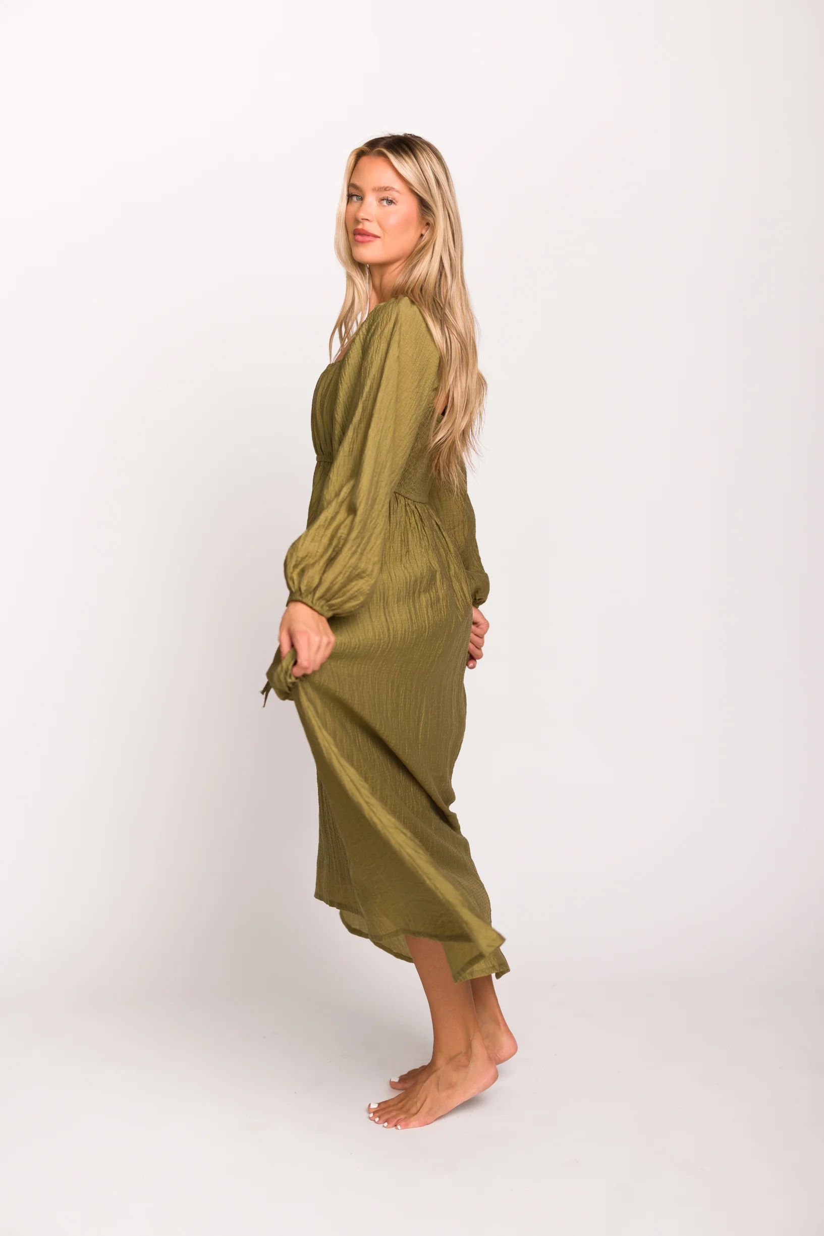 Ariana Long Sleeved Maxi Dress with Slouchy Pocket in Olive - Directfux