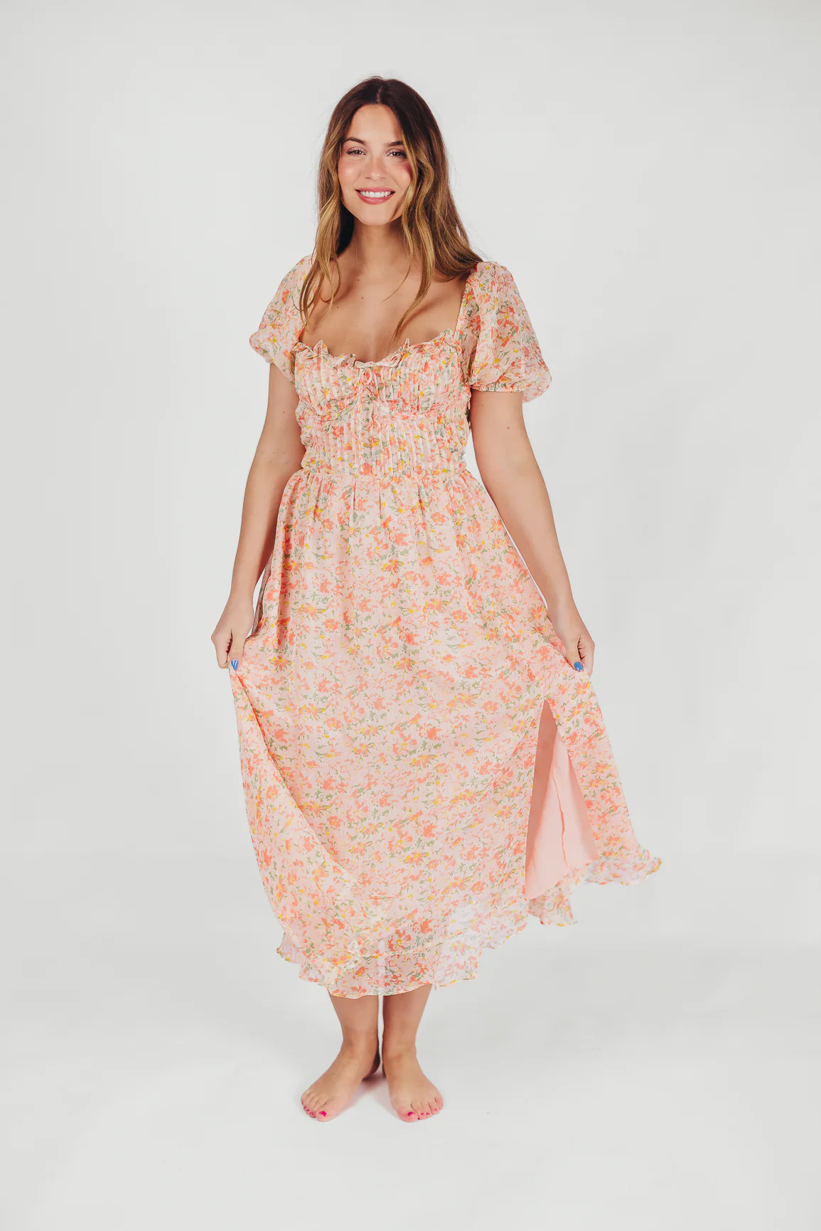 Lunaria Pleated Bustier Midi Dress in Orange Floral - Directfux