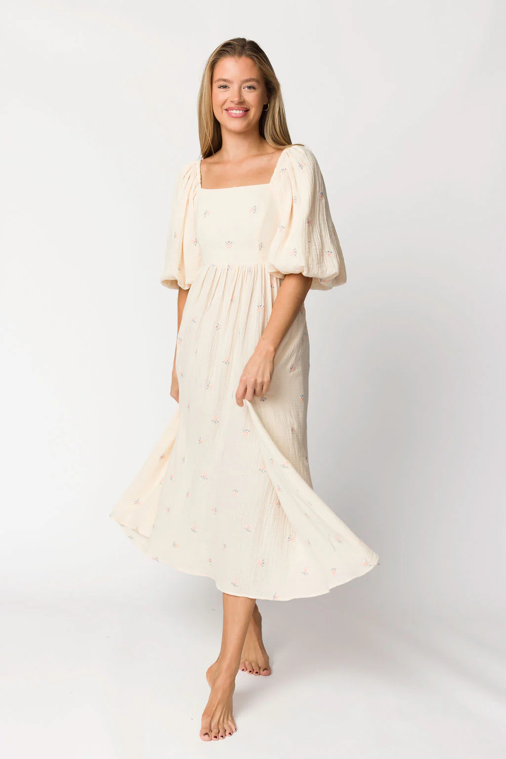 Natalie Embroidered Floral Midi Dress in Cream - Directfux