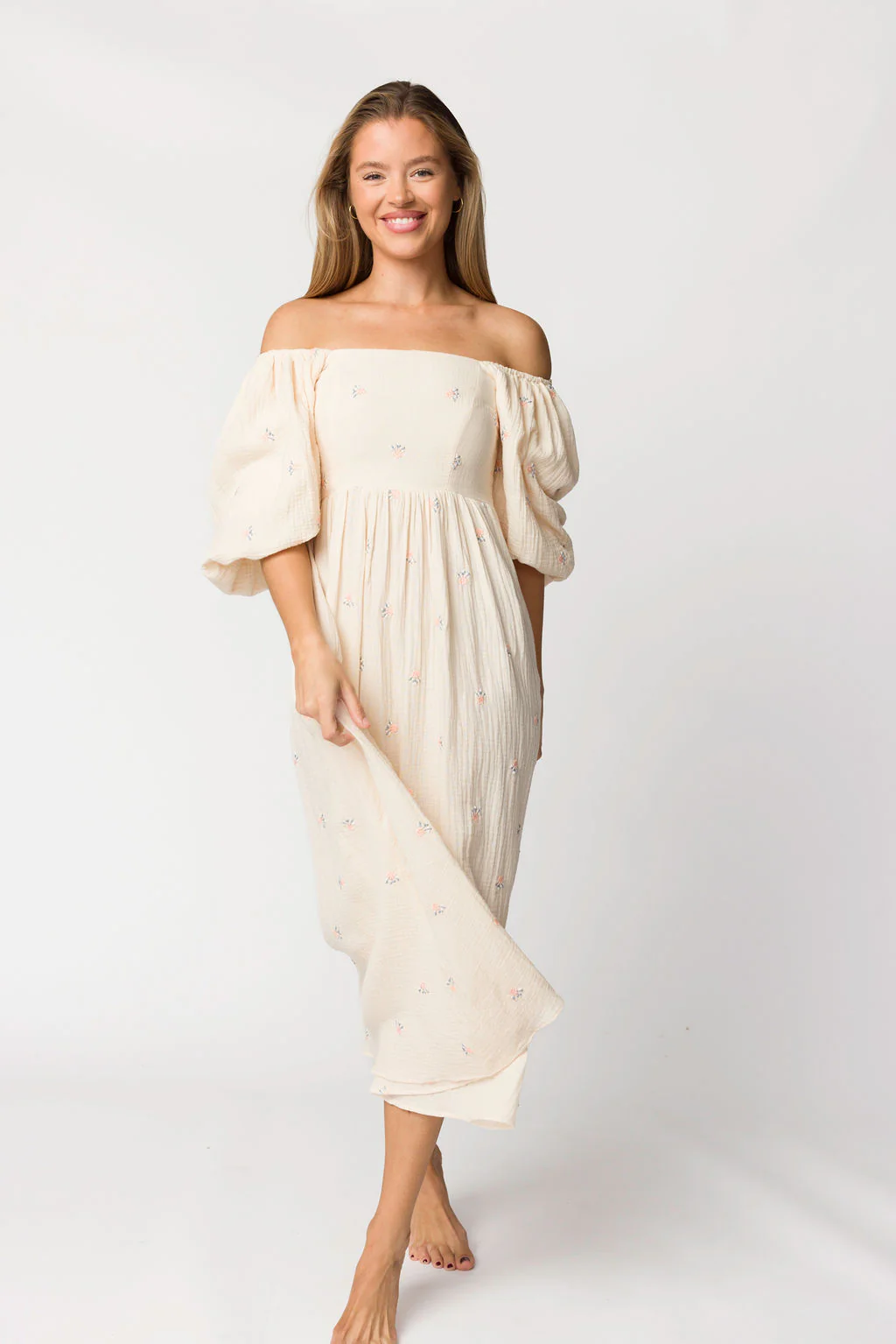 Natalie Embroidered Floral Midi Dress in Cream - Directfux